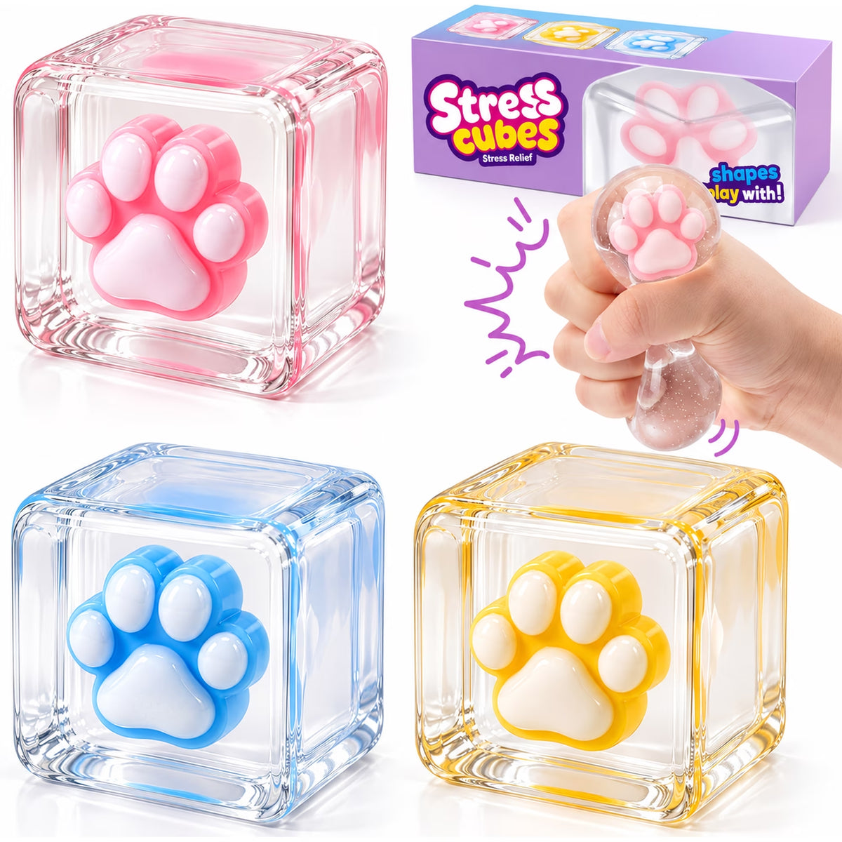 Joyfy 3PCS Cat Paw Cube Squishy Toys, 2.2 Inch Squeeze Stress Relief Toys for Adults, Slow Rising Fidget Sensory Toys for Party Favors, Birthday & Christmas