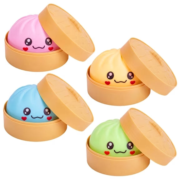 Joyfy 4PCS Dumpling Squishy Toys with Steamer Box, Soft Squeeze Stress Relief Toys for Kids and Adults, Fidget Sensory Toys for Party Favors, Birthday & Christmas