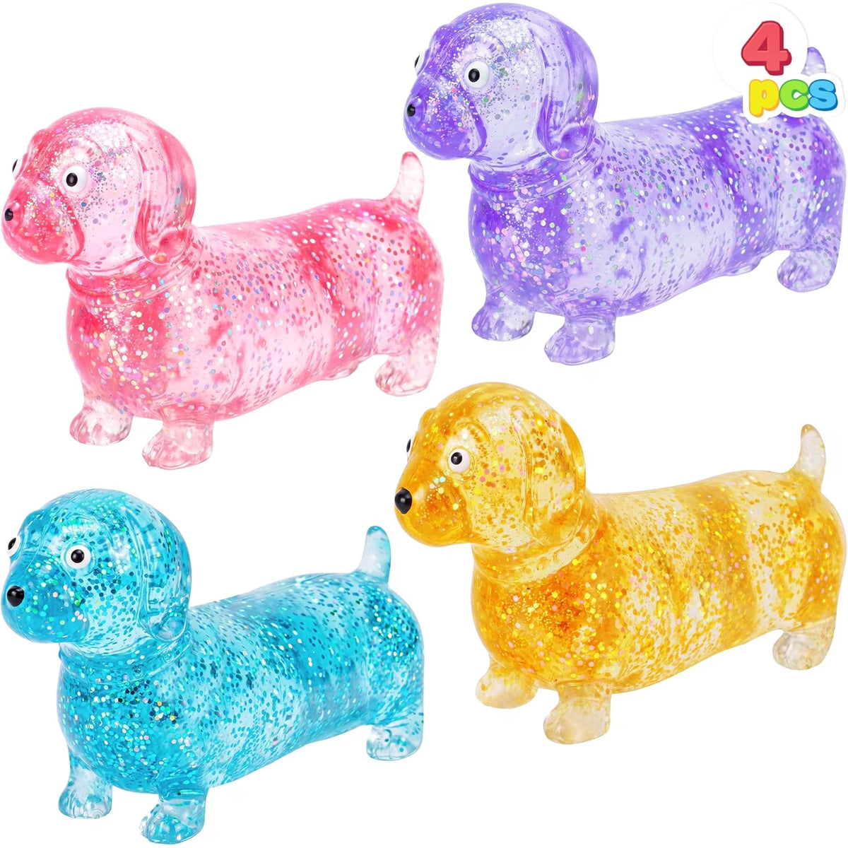 Joyfy 4 PCS Dachshund Squishy Toys, Glitter Dog Squeeze Toys for Kids and Adults, Slow Rising Stress Relief Fidget Toys for Party Favors, Birthday Gifts