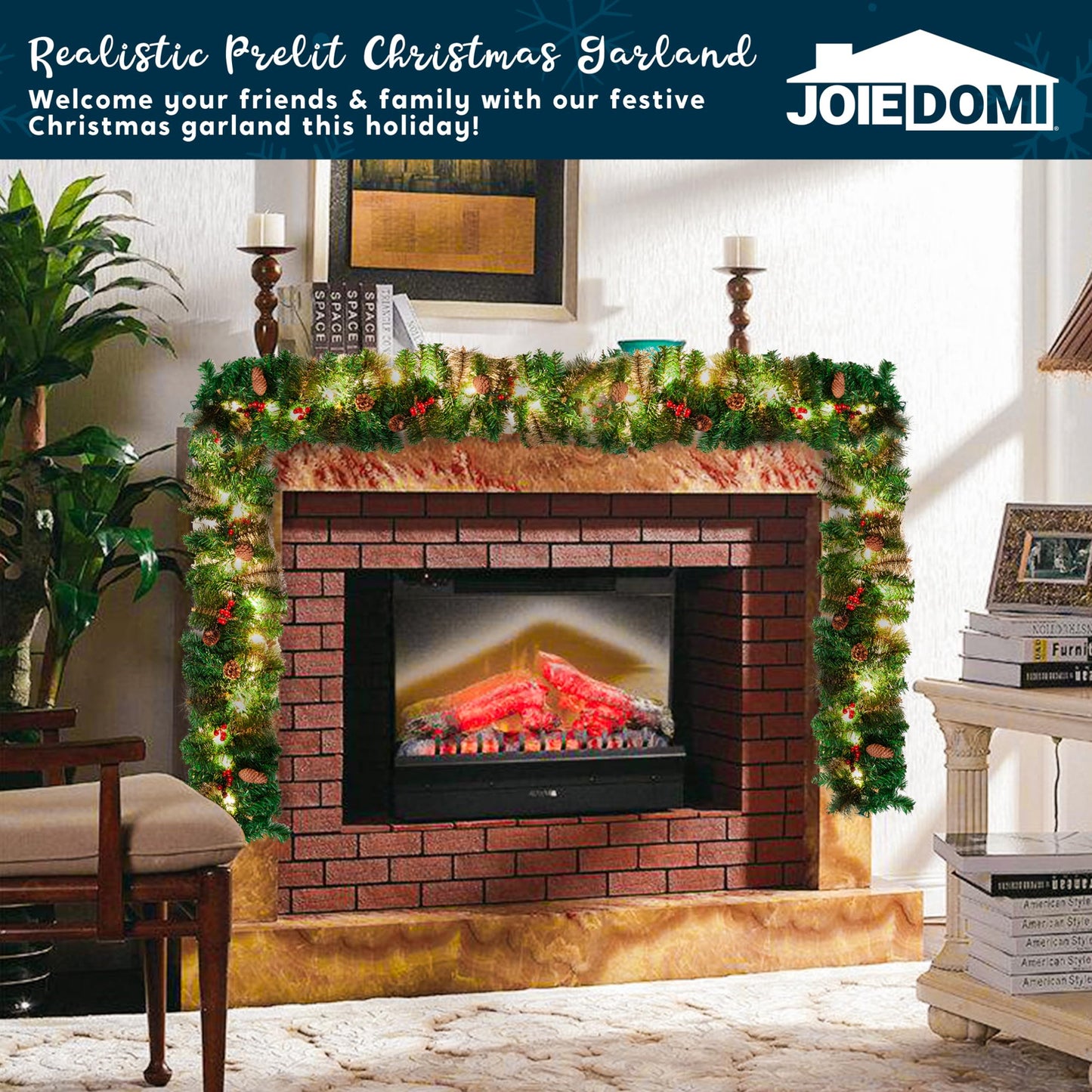 Joyfy 9FT Christmas Garland Prelit with 50 Count String Lights, Pine Cones, Holly Berries for Home Dining Table Mantel Porch Winter Christmas Decor, Plug in Lighted Pine Garland