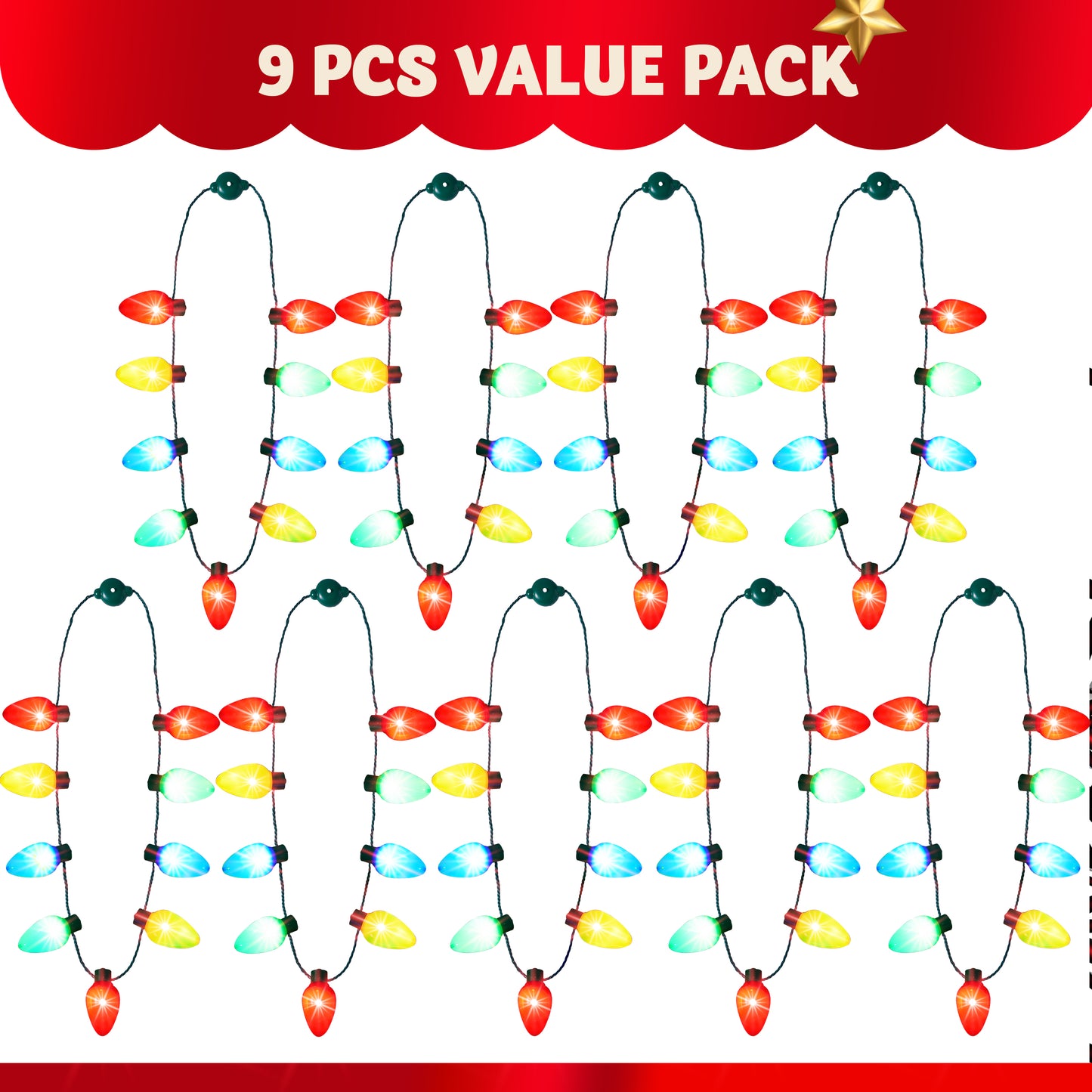SYNCFUN 9 Pcs Christmas LED Light up Bulb Necklaces 9 Bulbs LED Necklaces Holiday Costume Accessories for Christmas Xmas Party Favor Party Supplies