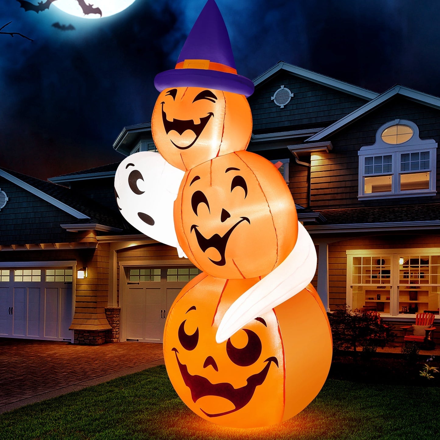 Joyfy 6 FT Halloween Inflatables Stacked Pumpkins and Ghost with Build-in LEDs for Porch,Halloween Pumpkin Decor Blow up Yard Decorations