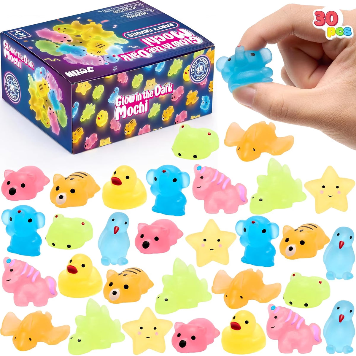 Joyfy 30PCS Glow in the Dark Mochi squishy toy Toys, Cute Party Favor Squeeze Toys for Kids, Stress Relief Fidget Toys for Classroom Prizes, Halloween, Christmas, Birthday Gifts