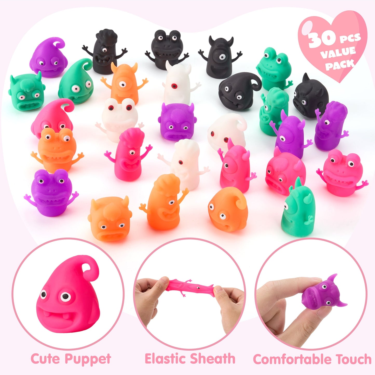 30 Packs Valentine's Day Finger Puppets with Cards, Classroom Exchange Gift for Kids, Valentine's Party Favors, Holiday Reward Prizes