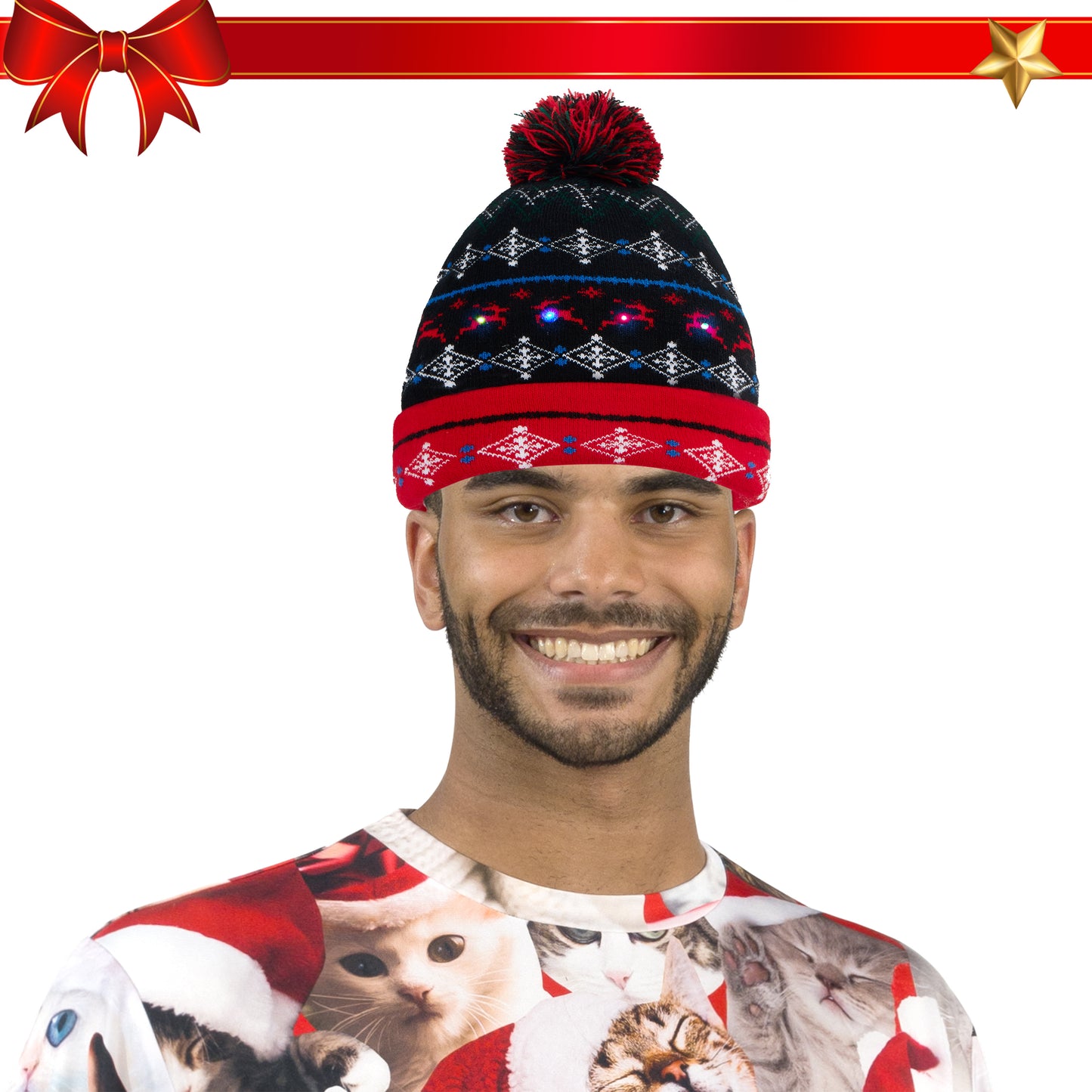 Joyfy 2 Pack LED Christmas Hat,Light Up Ugly Christmas Beanies for Adults,Mens Gifts for Christmas,Funny Hats Christmas Party Favors (Battery Included with 3 Flashing Modes)