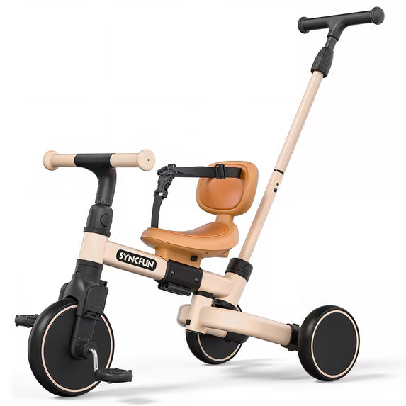 SYNCFUN Kids Tricycle 5-in-1 Convertible Push Trike with Parent Steering Handle Balance and Pedal Bike for 1-5 Year Old Khaki