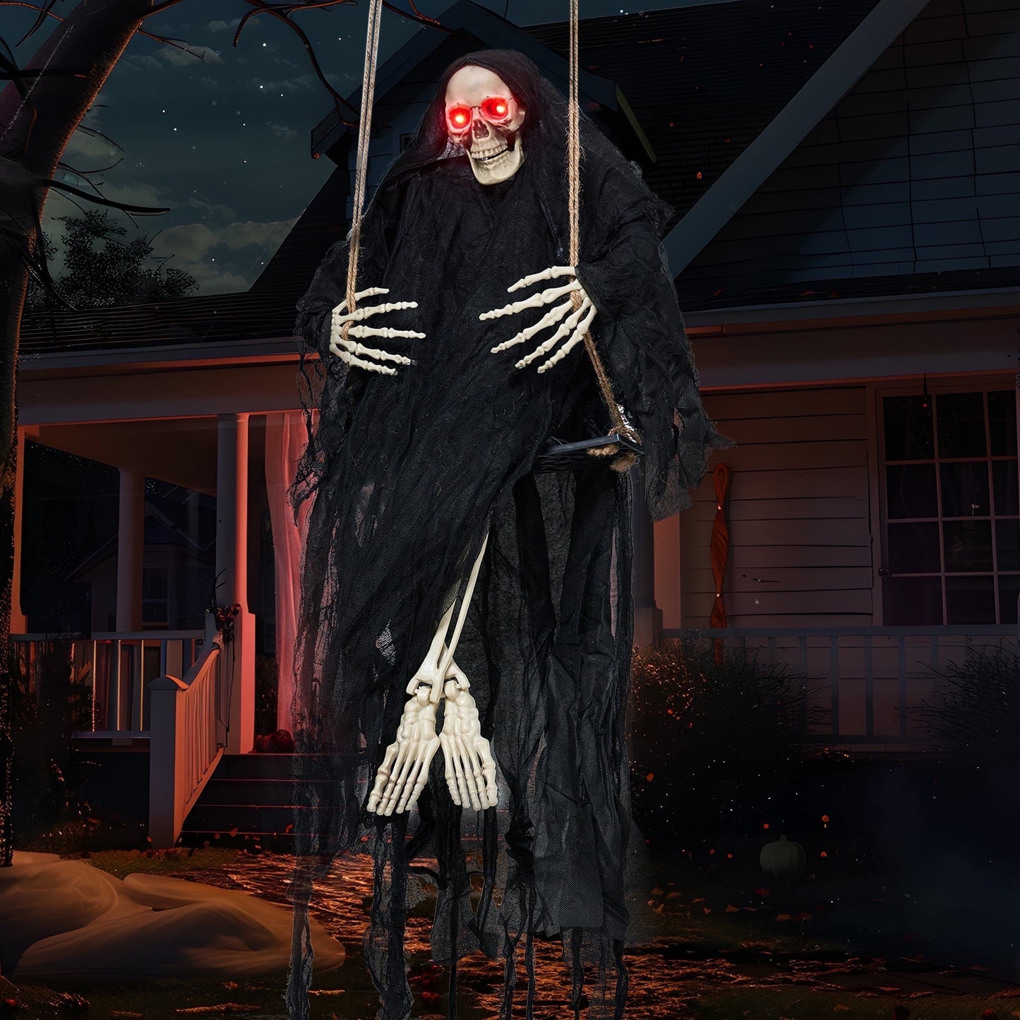 Joyfy 3 FT Halloween Hanging Swinging Skeleton,Light Up Creepy Grim Reaper with Black Hood Decorations for Halloween Hanging Decorations Indoor Outdoor Yard Home Decorations
