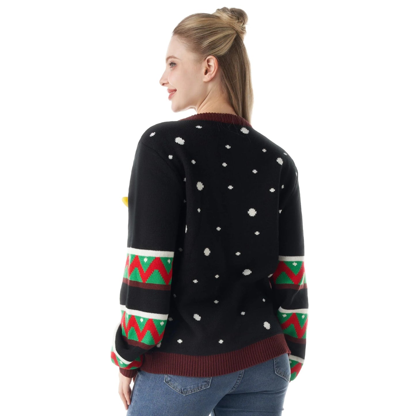 Joyfy Women's LED Light Up Christmas Sweater, Reindeer Christmas Ugly Sweater with Light Bulbs - Black