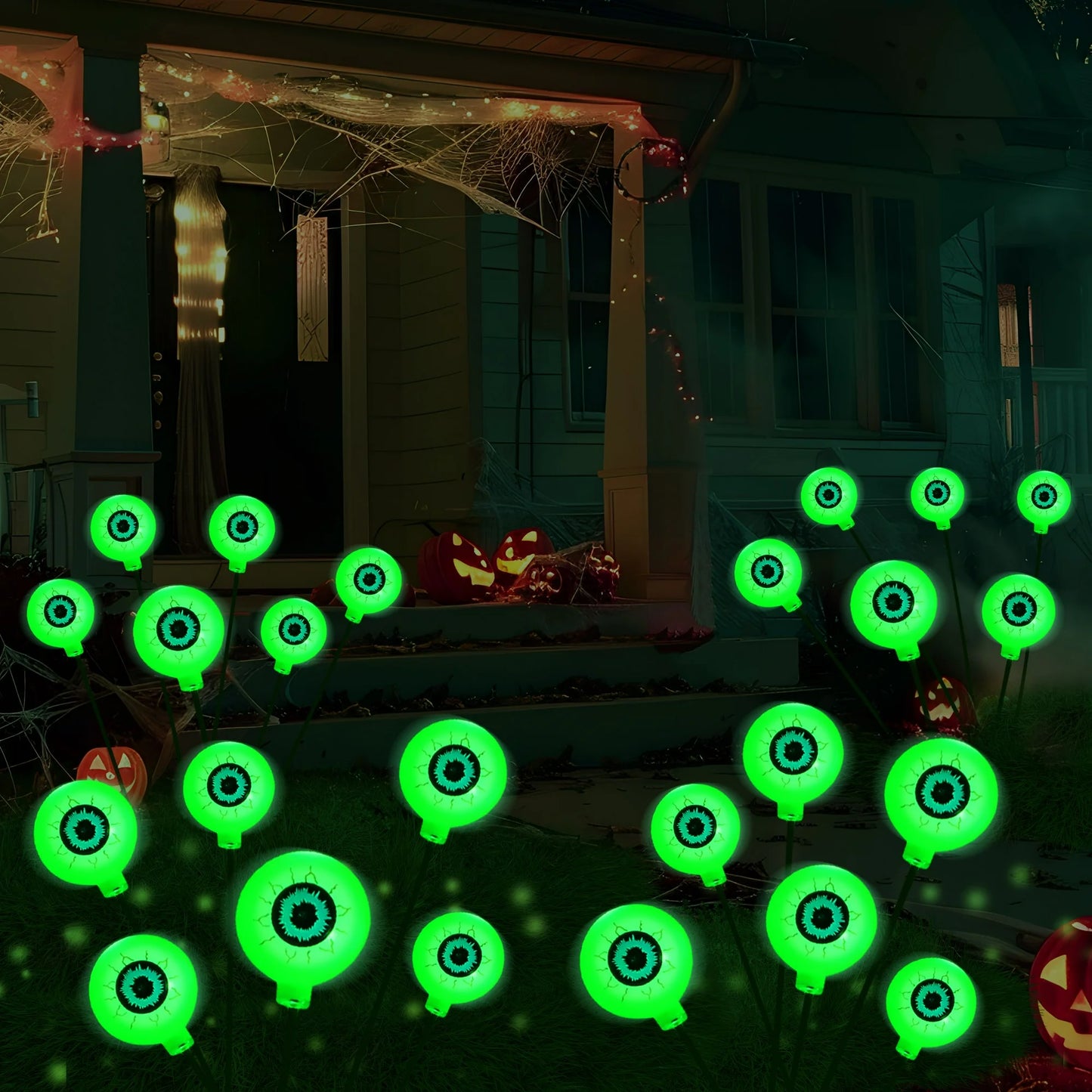 Joyfy 4 Pack Halloween Decorations Outdoor Solar Scary Eyeball Lights,Green Eyeball Swaying Firefly Lights,Waterproof Solar Halloween Path Lights for Yard Garden Lawn Decor
