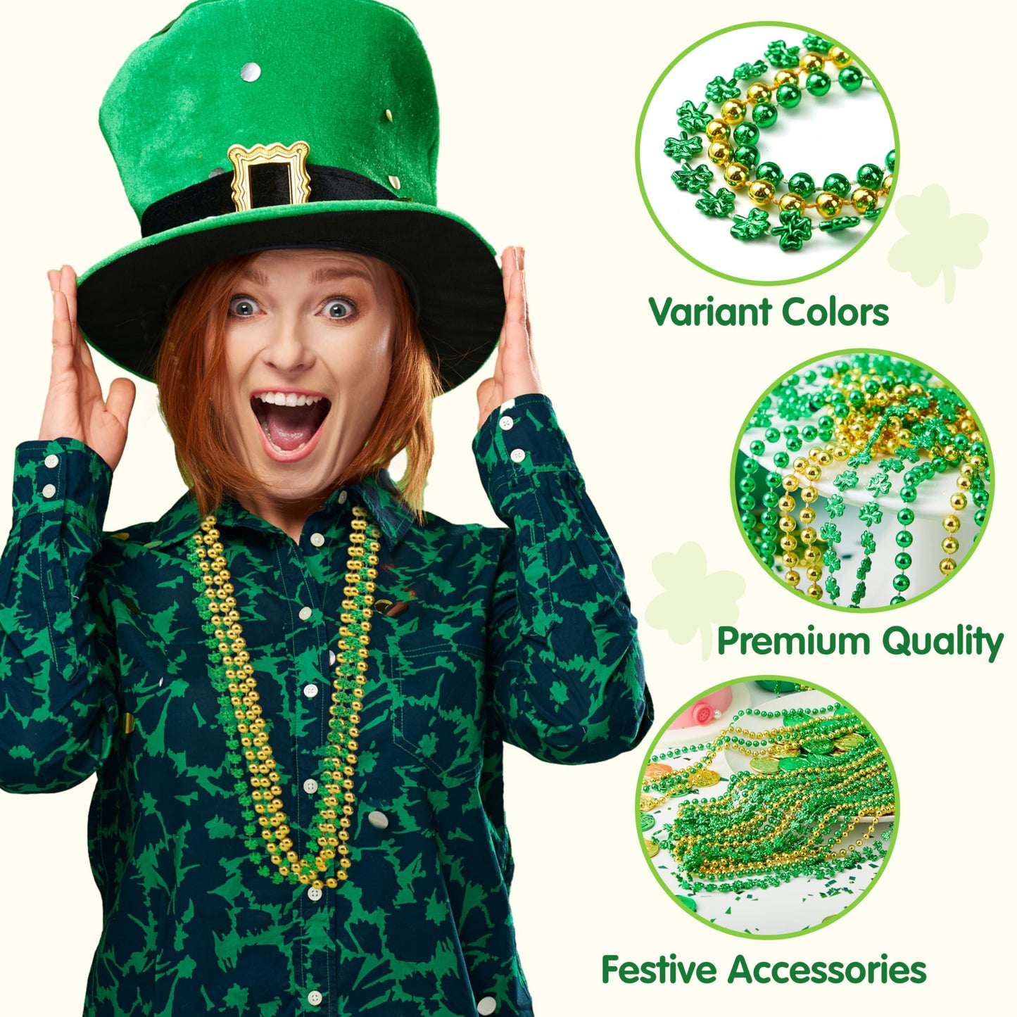 24 St. Patrick's Day necklace set, 8 green bead necklaces, 8 gold bead necklaces