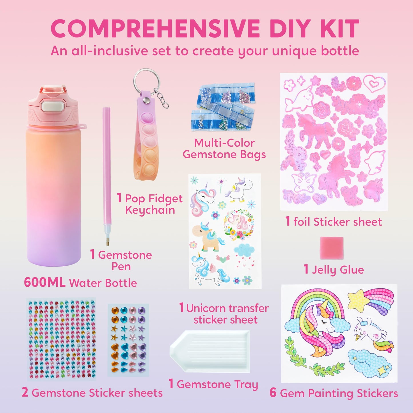 Joyfy Unicorn DIY Water Bottle Art and Craft Kit ,20 oz Girl's Water Bottle with Gem Stickers