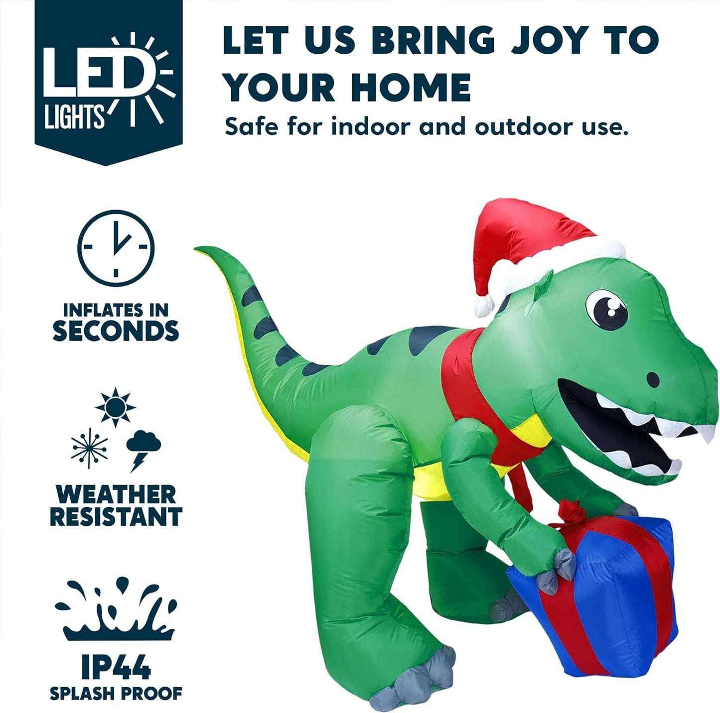Joyfy 5 FT Christmas Inflatables Dinosaur Outdoor Decorations,Christmas Dinosaur with Gift Box Blow Ups Yard with Built-in LEDs for Holiday Party Garden Lawn Decor
