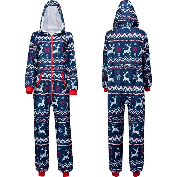 Joyfy Adult Christmas Hooded Pajamas, Women Loose Fit Christmas Pajamas, Nordic Printed Festive Jumpsuit