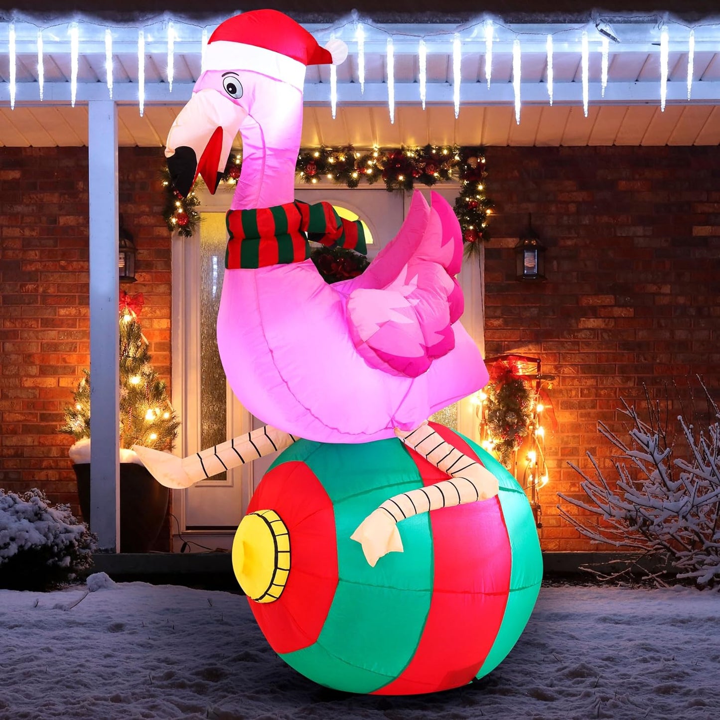 Syncfun 6 FT Christmas Inflatables Flamingo on Ornament Outdoor Decorations,Christmas Blow Ups Yard with Built-in LEDs for Holiday Party Garden Lawn Decor