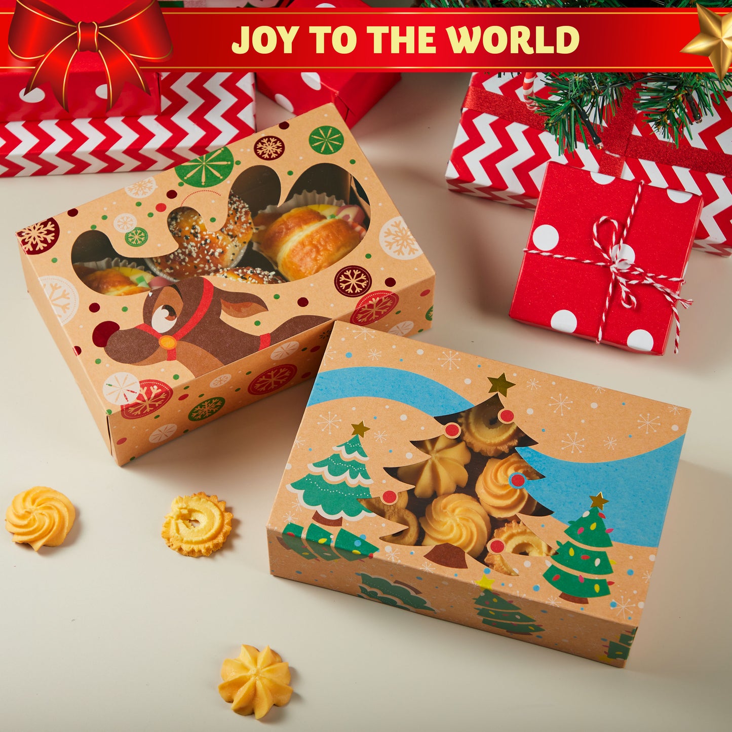 Joyfy 24 Pcs Christmas Bakery Treat Cookie Boxes for Doughnut, 8.75" x 5.35" x 2.75" Brown Kraft Cookie Boxes for Holiday Pastries, Cupcakes, Brownies, Gift Giving