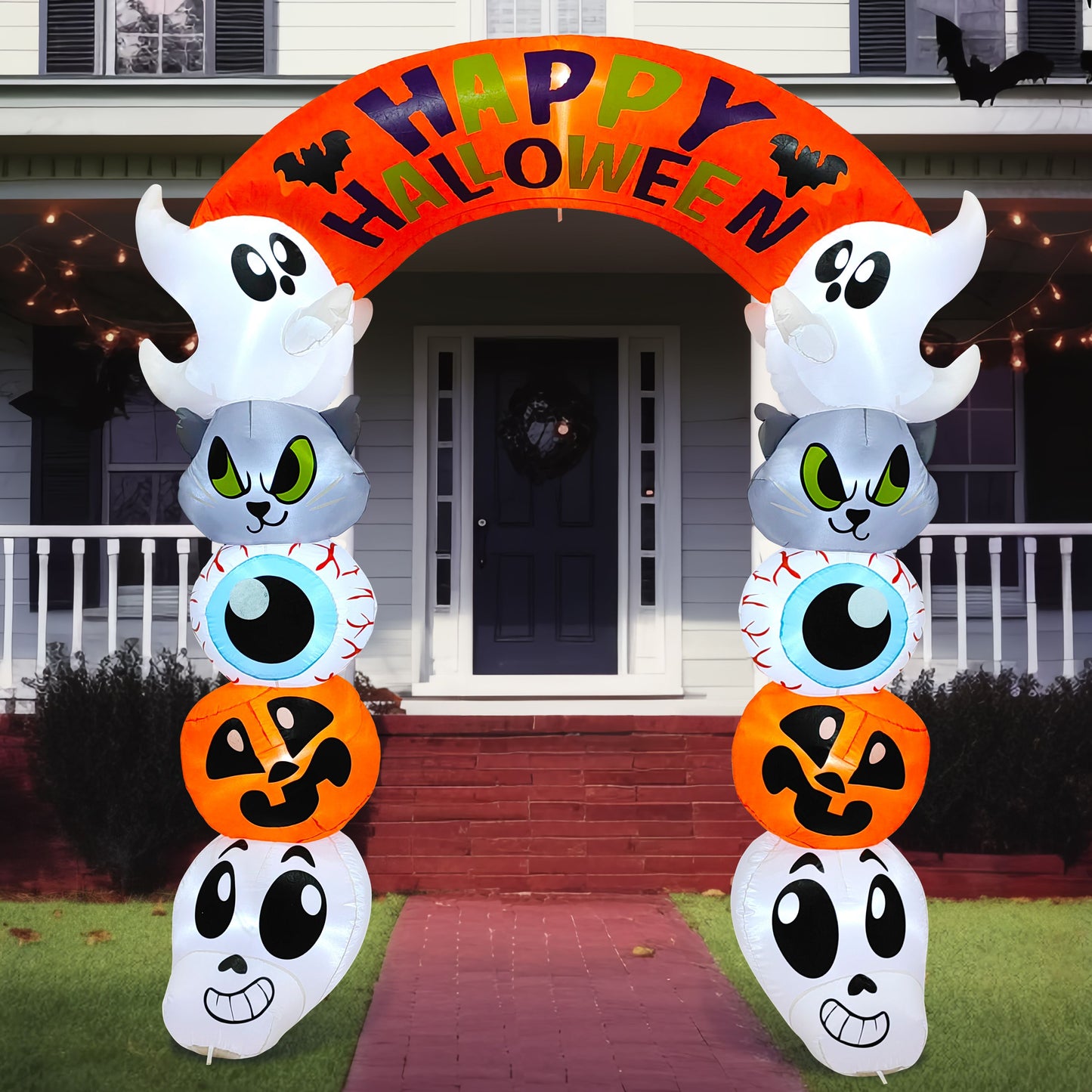 Syncfun 8 FT Halloween Inflatable Cute Stacked Characters Halloween Archway Decorations Inflatable with Build-in LEDs,Halloween Blow Up Yard Decorations