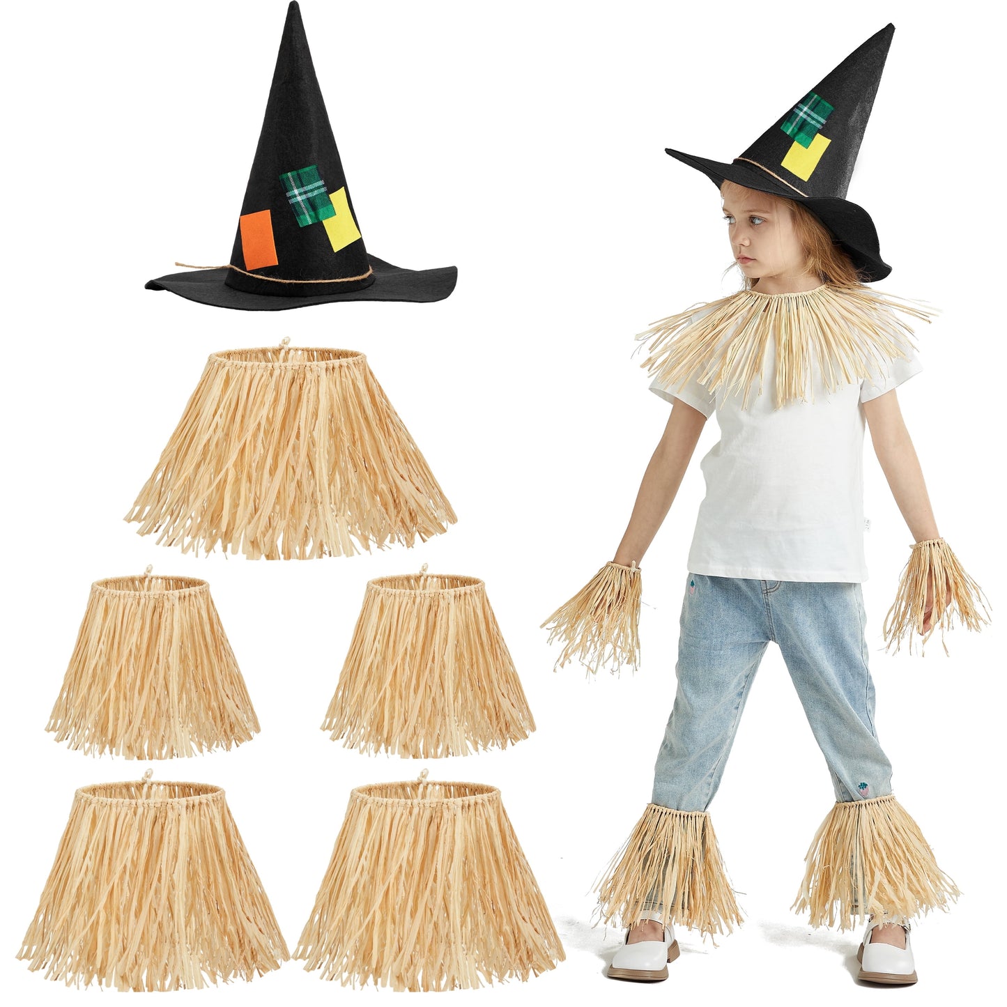 Joyfy 6 Pcs Halloween Scarecrow Costume Set,Scarecrow Costume Accessories Decoration with Scarecrow Hat and Scarecrow Skirt Raffia Neck Foot Hand Straws for Party Accessory Halloween Decoration