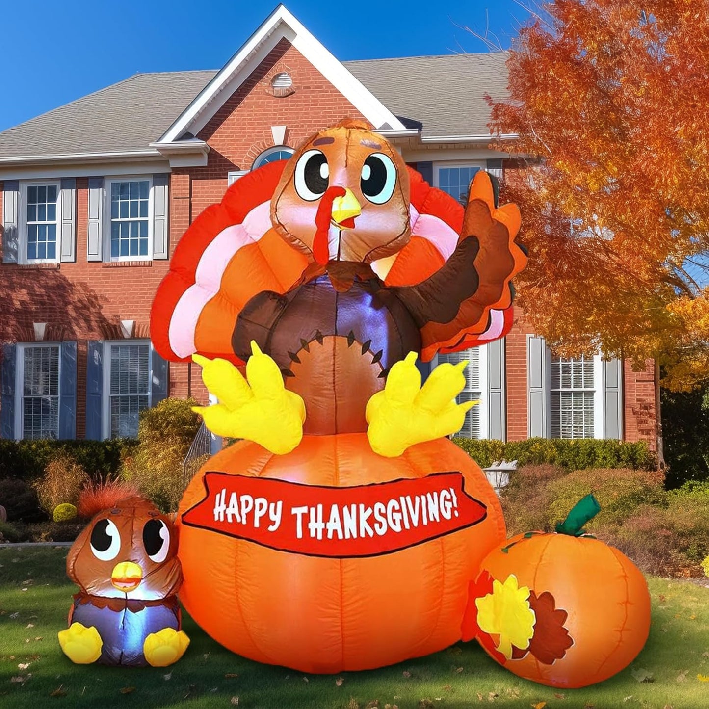 Joyfy 6 ft Thanksgiving Inflatable Turkey on Pumpkin & Little Turkey, LED Light Up Blow Up Turkey for Autumn Thanksgiving Family Party Décor, Halloween Inflatable Turkey for Yard Garden Decoration