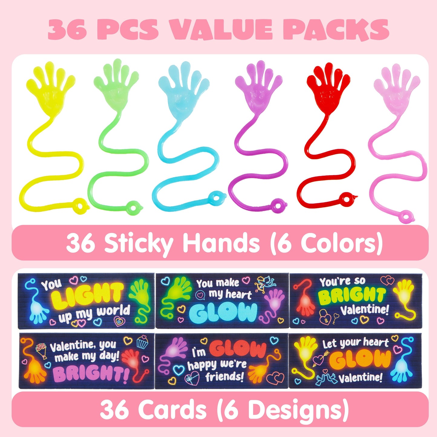 36 Packs Sticky Hands with Card Headers for Kids Party Favor, Classroom Exchange Prizes, Valentine’s Greeting Cards, Valentine Party Favors, Valentine Exchange Gifts