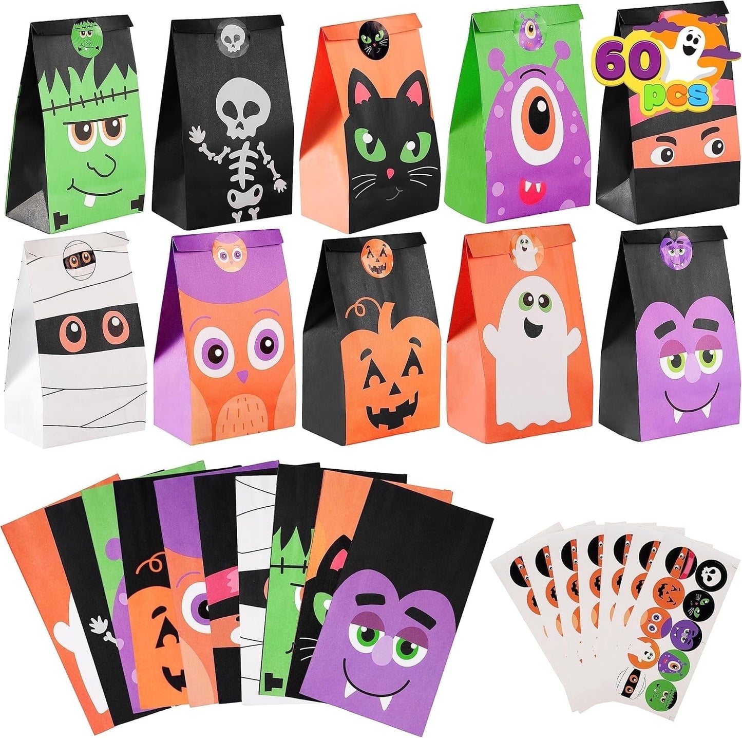Joyfy 60 PCS Halloween Treat Bags with Stickers, Halloween Trick or Treat Bags for Kids Halloween Party Favors Exchange, Goodie and Candy Bags for Holiday Party Supplies