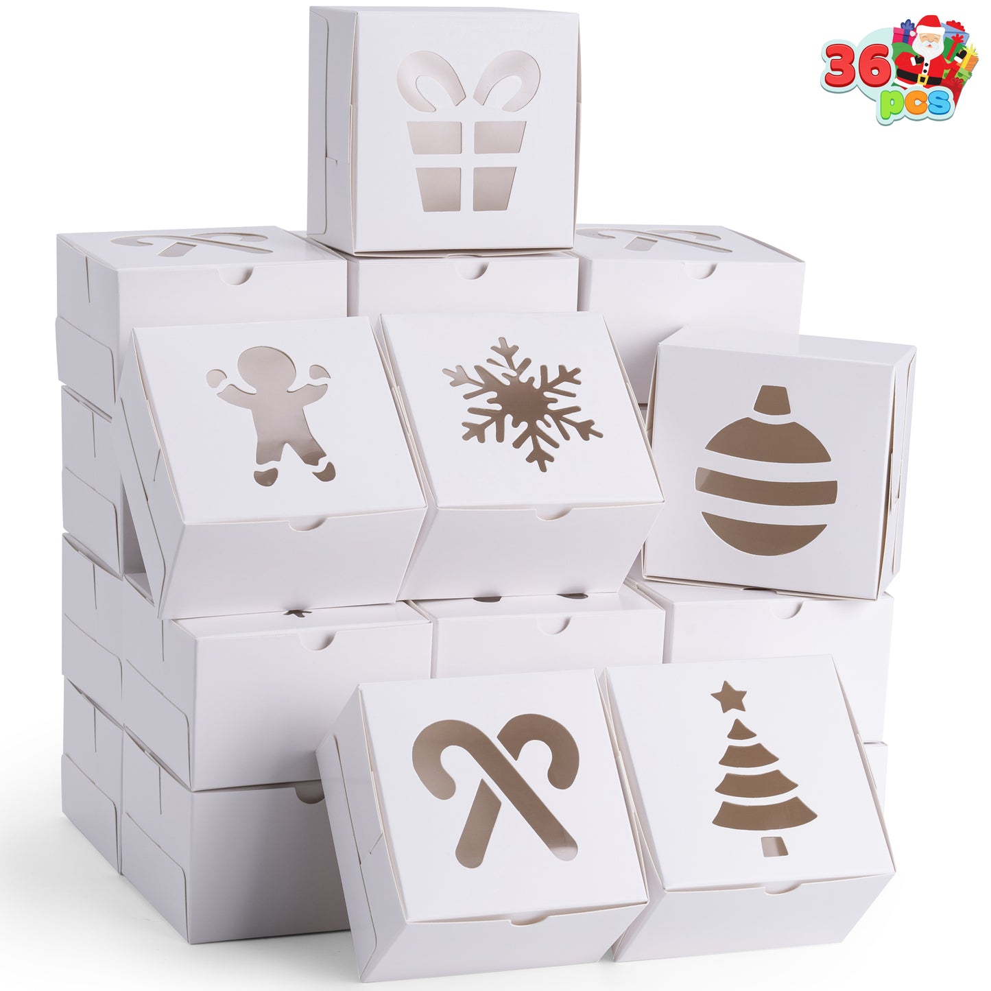 Joyfy 36 Pcs Christmas Cookie Boxes, White Treat Boxes with Window 4" x 4" x 2.5" Bakery Gift Wrapping Box for Xmas Holiday Party Favor Pastries, Cupcakes, Cookies Donuts Gift-Giving