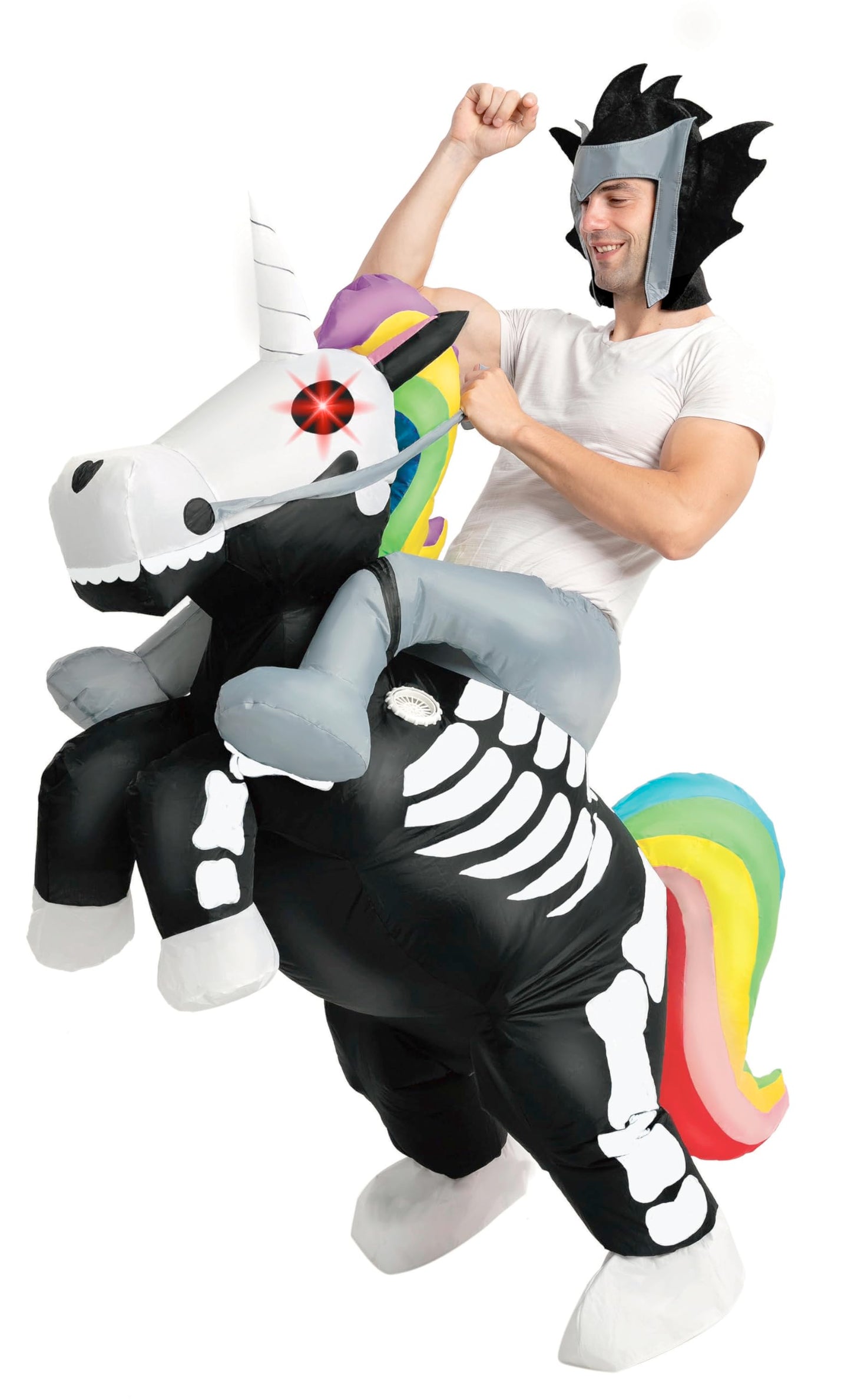 Syncfun Inflatable Halloween Costume, Ride A Skeleton Unicorn Blow Up Costume with LED Light Eyes, Ride On Inflatable Costume for Adult