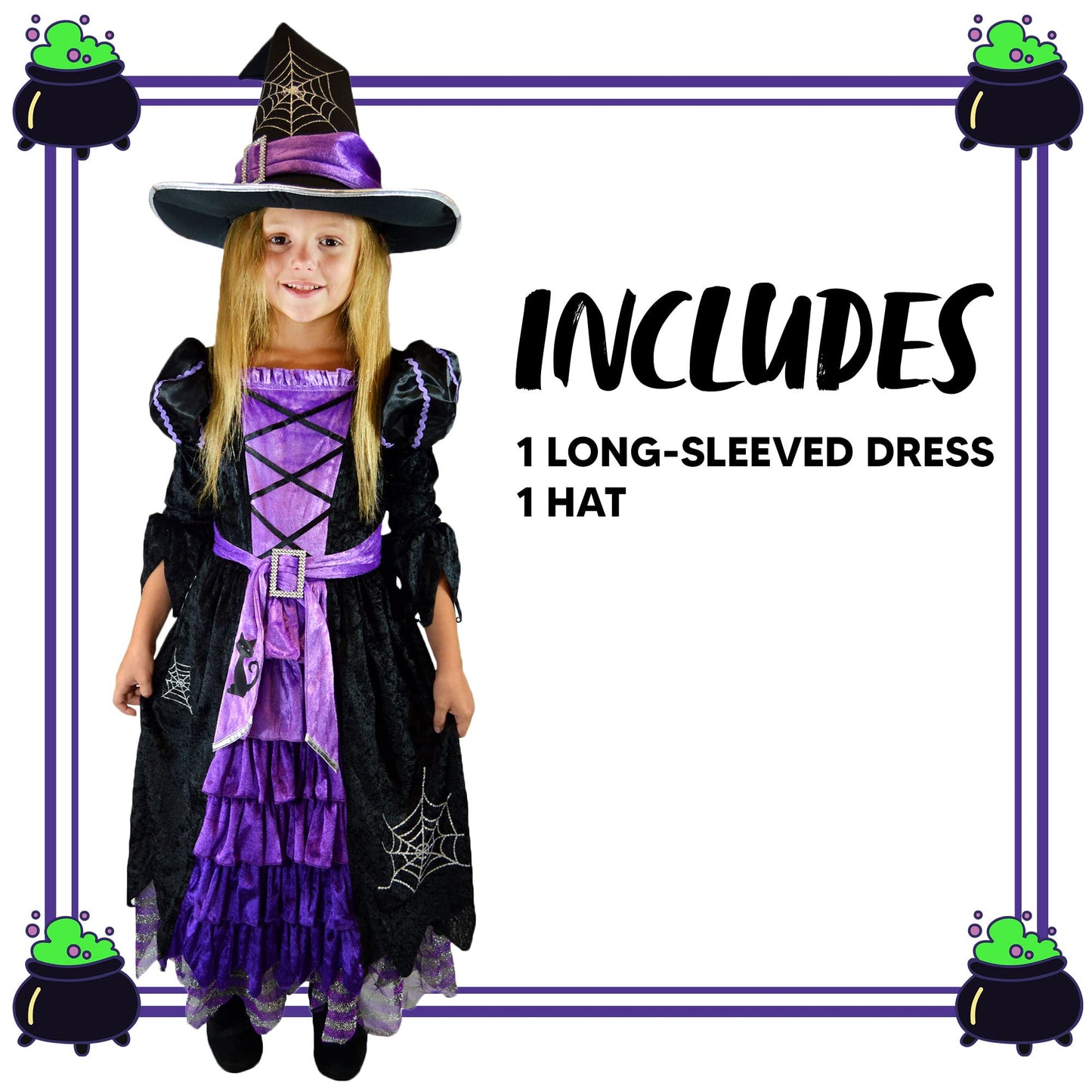 Spooktacular Creations Girls Witch Costume Set With Broom Hat For Kids Cosplay Outfits-XL