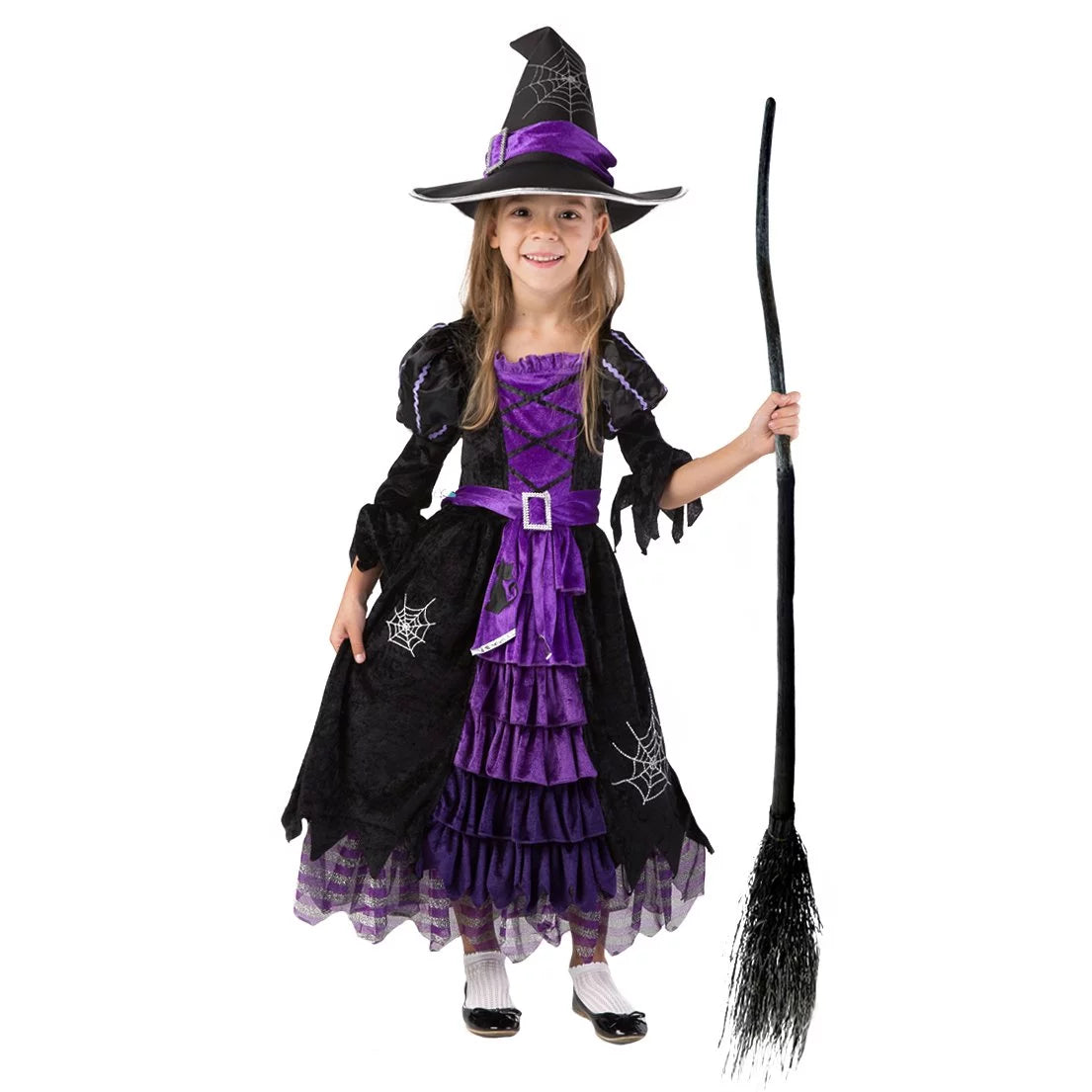 Spooktacular Creations Girls Witch Costume Set With Broom Hat For Kids Cosplay Outfits-XL