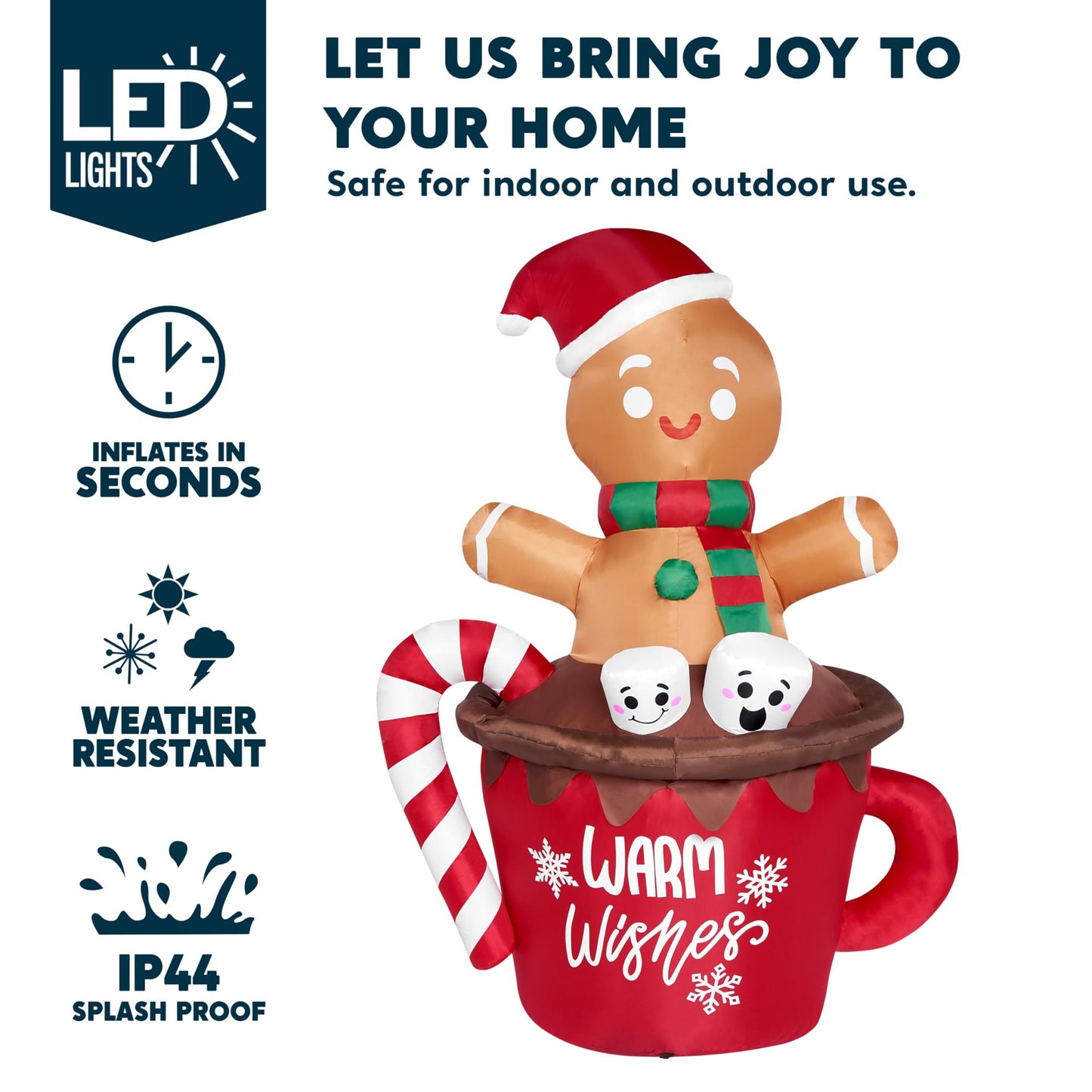 Joyfy 6 ft Christmas Inflatables Gingerbread Outdoor Decorations,Gingerbread Man in Hot Cocoa Mug Blow Ups with Built-in LEDs for Holiday Party Garden Lawn Yard Decor