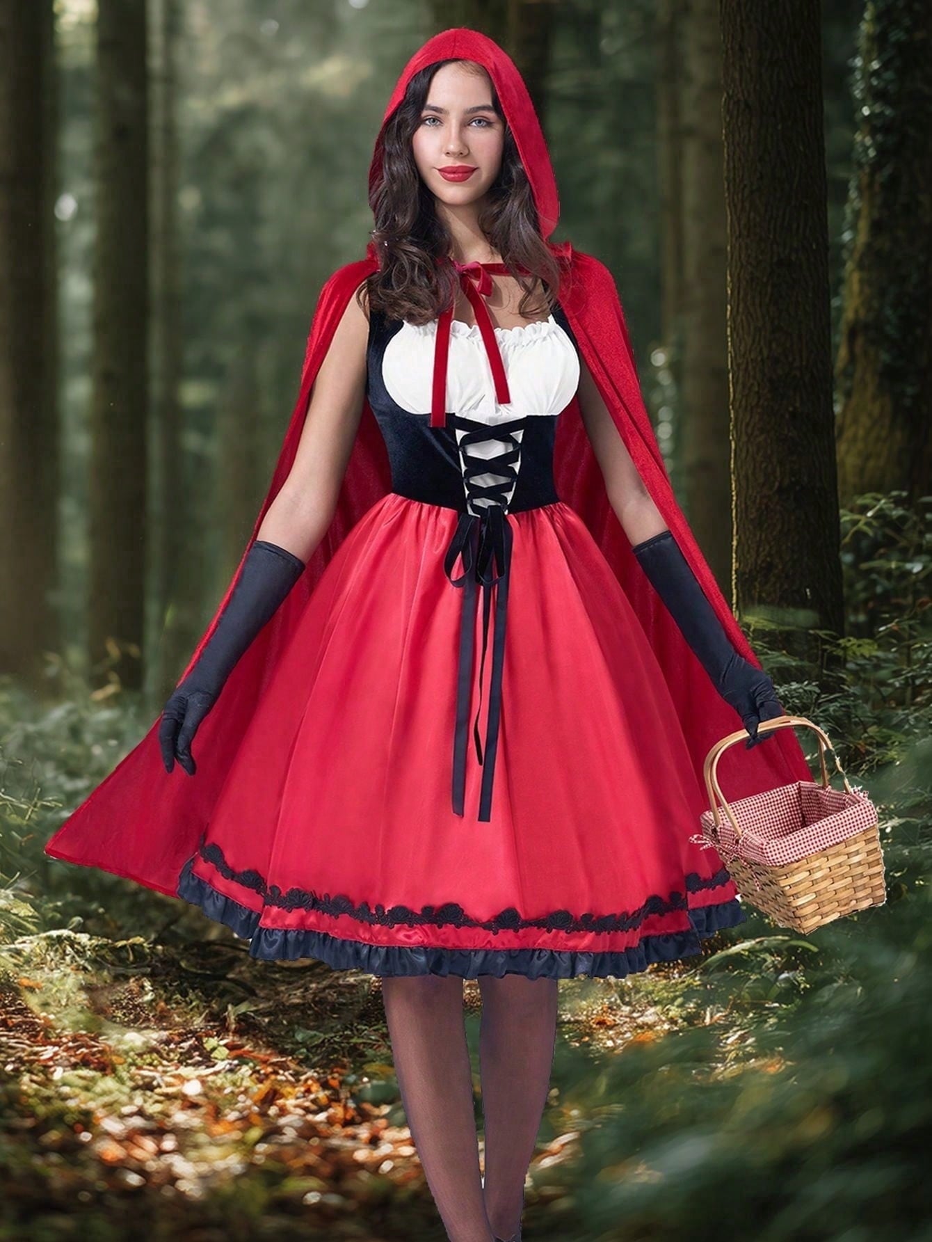 Joyfy Women's Plus Little Red Riding Hooded Costume with Dress, Cape and Gloves, Adult Women Halloween Costume for Halloween Party Cosplay 3XL