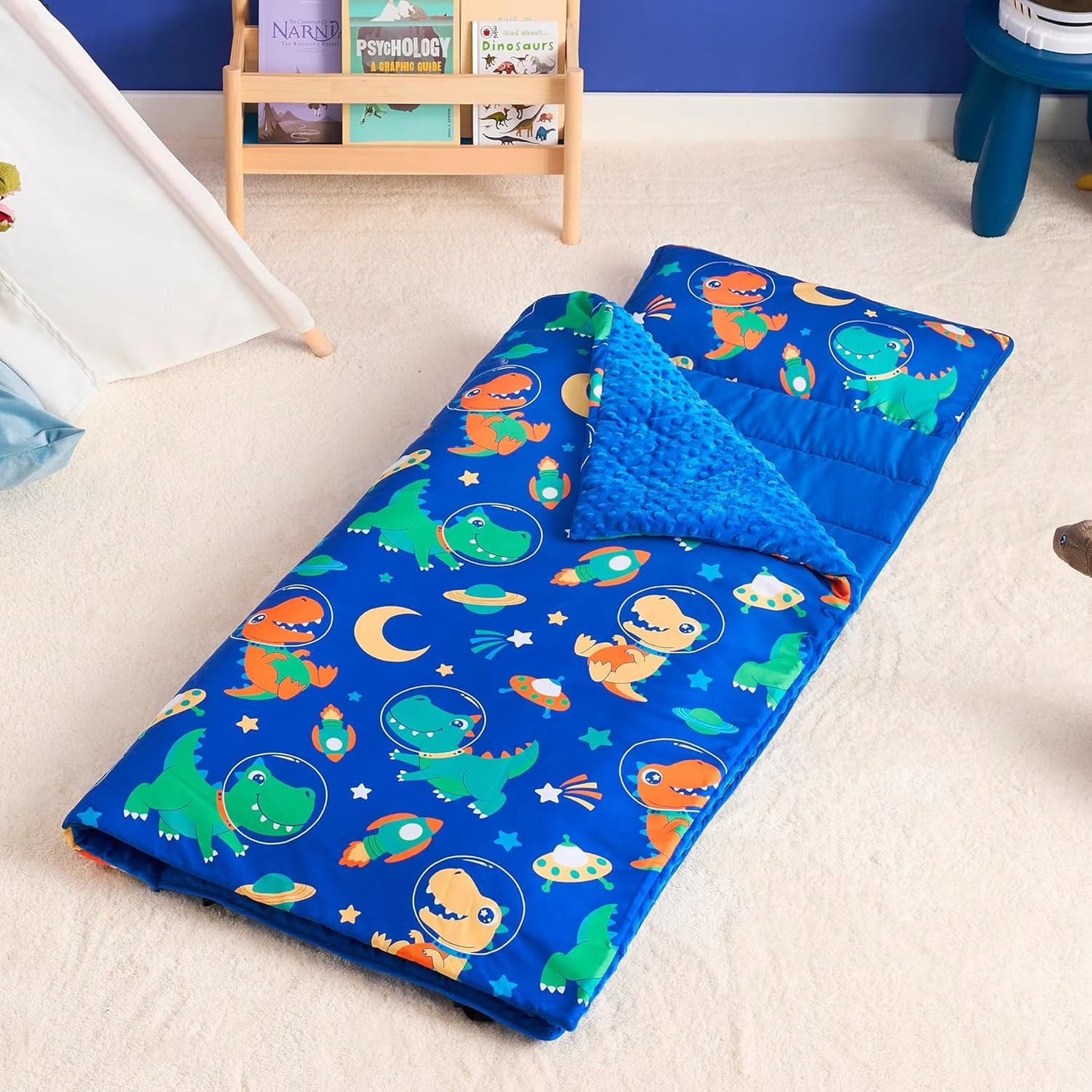 Joyfy Toddler Sleeping Bag for Kids 55"x30" Nap Mat with Removable Pillow and Minky Blanket for Ages 3-8, Soft Roll Up for Boys Girls Kindergarten Daycare Sleepover