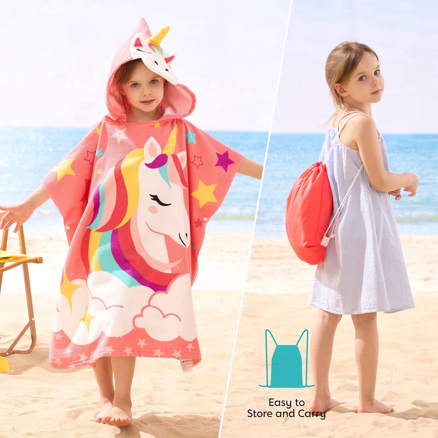 Joyfy Kids Beach Towels with Hood Ages 3-10,30x30 for Beach Pool,Unicorn Bath Towel Poncho Absorbent Quick Dry Soft Microfiber
