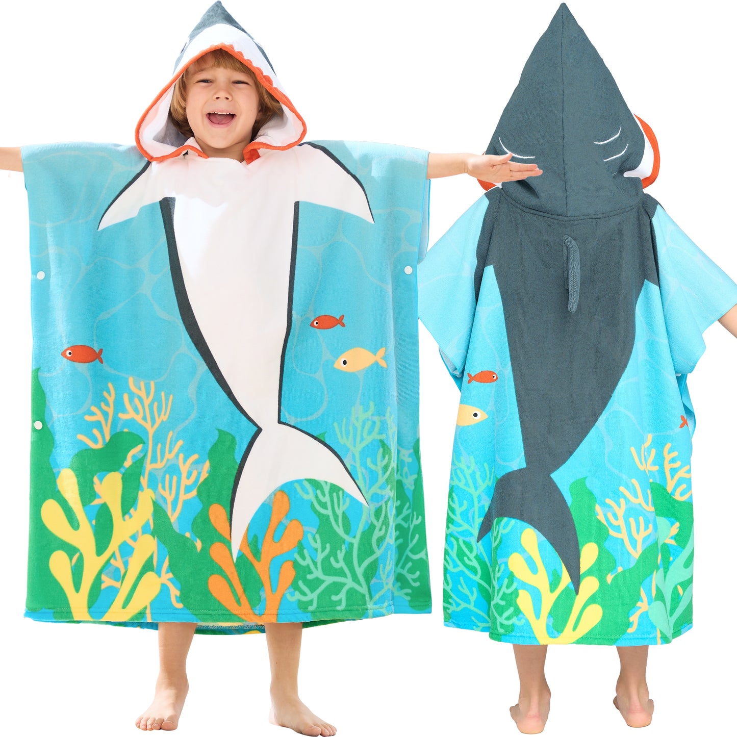 Joyfy Kids Beach Towels with Hood Ages 3-10,30x30 for Beach Pool,Shark Bath Towel Poncho Absorbent Quick Dry Soft Microfiber