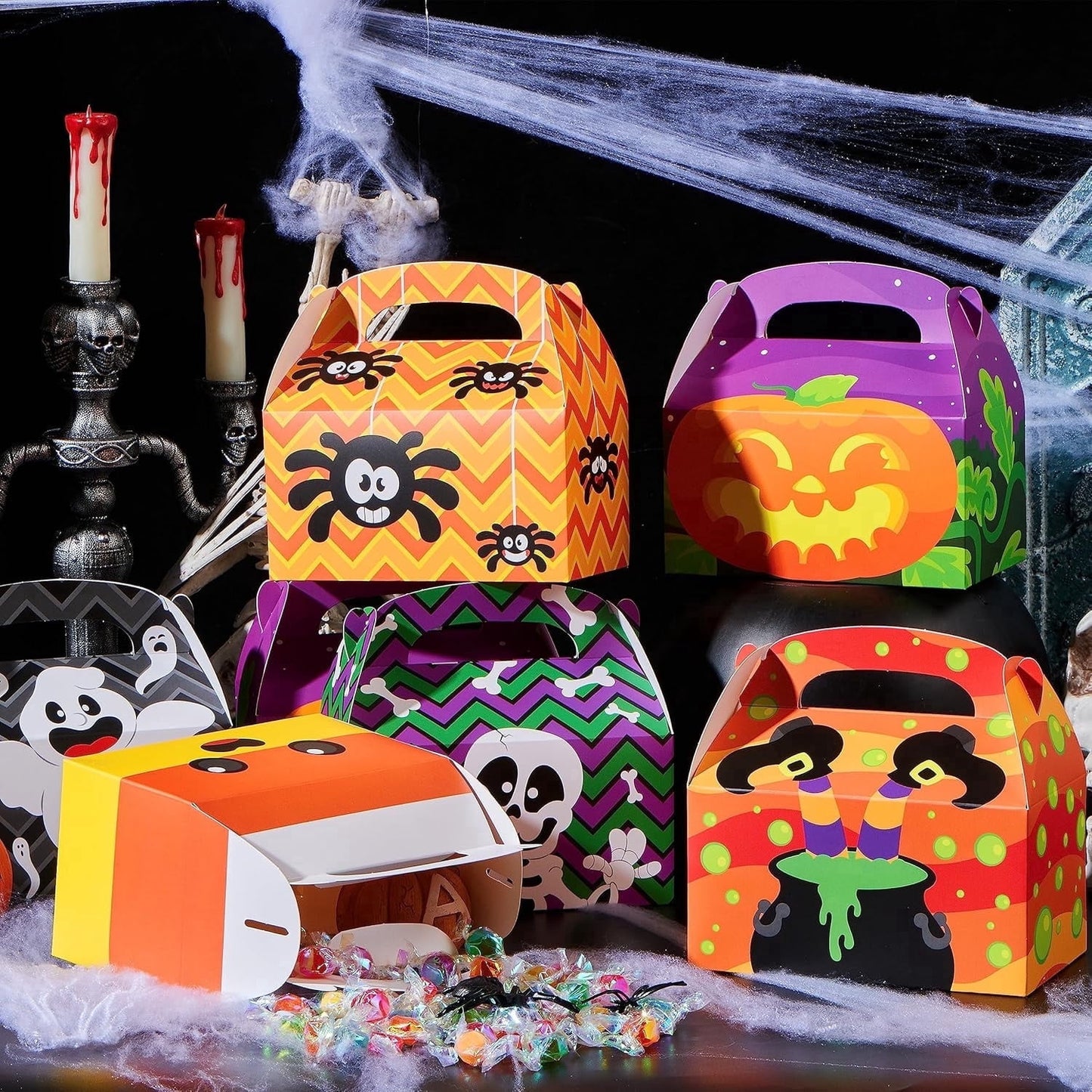 Joyfy 24 PCS Halloween Treat Boxes,Cardboard Paper Halloween Candy Boxes with Carry Handles,Halloween Candy Boxes Party Favors,Cookies Goodie Bags
