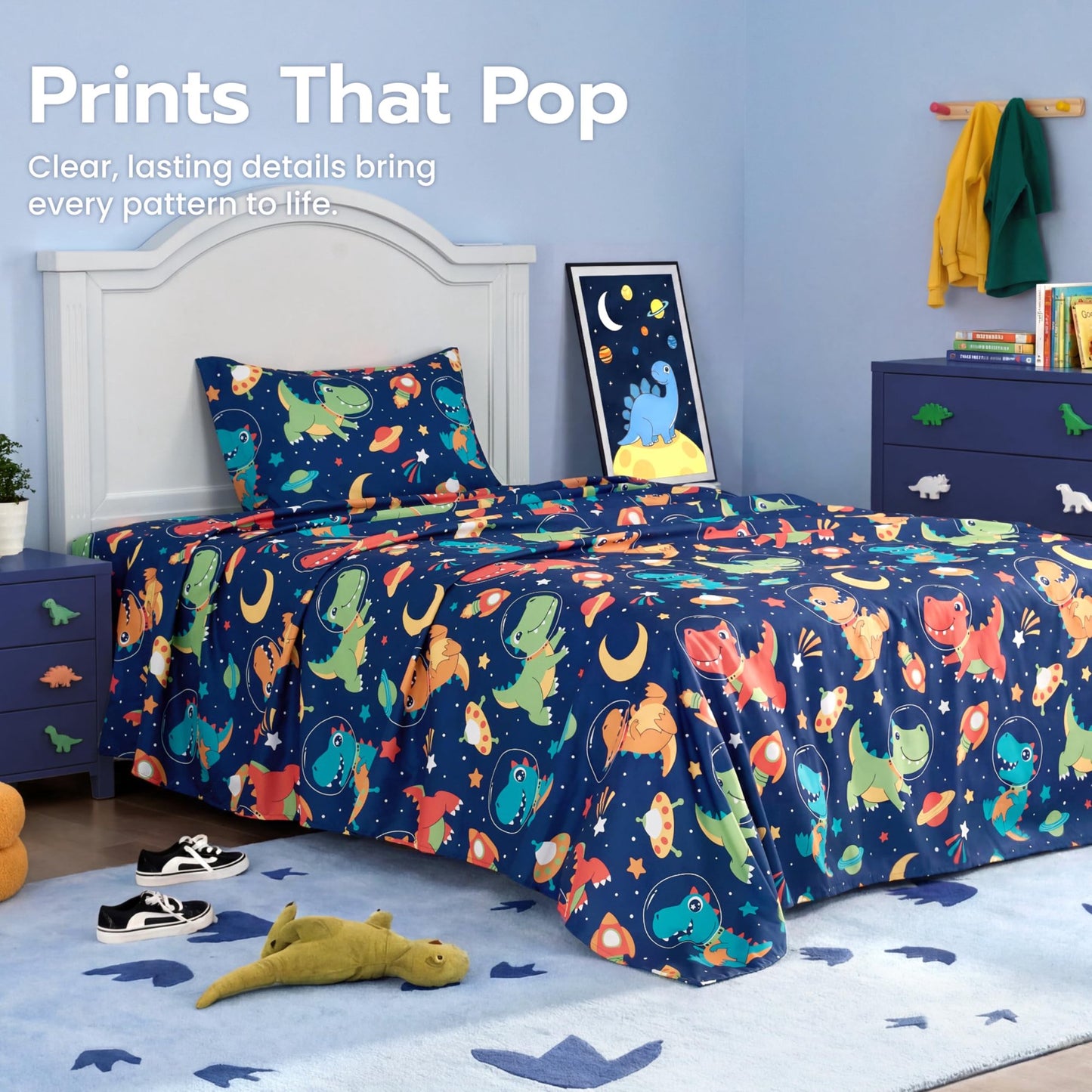 Joyfy Kids Twin Sheet Set Space Dinosaur - 3 Piece Soft Microfiber Bed Sheets - Deep Pocket Wrinkle Free, Cozy Toddler Bedding Set, Fade Resistant Breathable for Boys Girls Teens