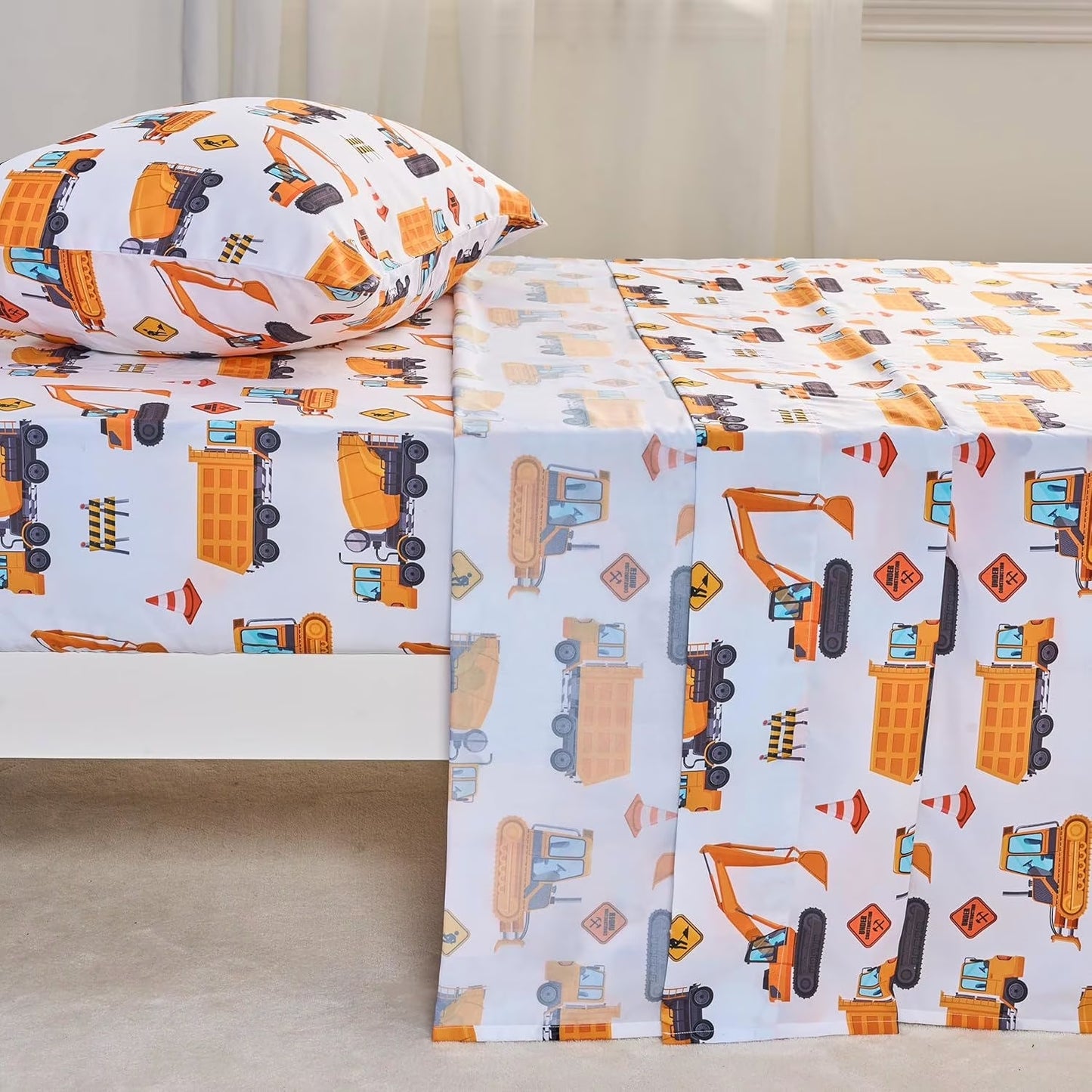 Joyfy Construction Vehicle Bed Sheet Set for Kids, Twin 4-Piece Soft Microfiber Sheets with Deep Pocket, Wrinkle & Fade Resistant Toddler Bedding for Boys