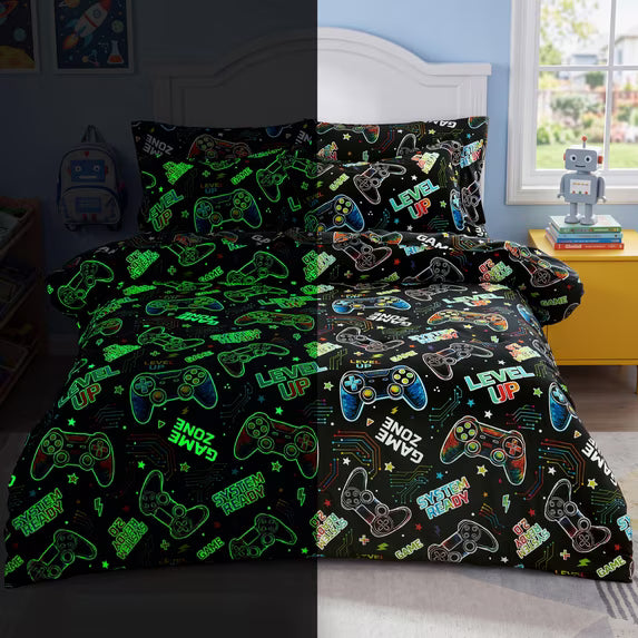 Joyfy Kids Twin Comforter Set 5pcs Glow in The Dark Gamer, Super Soft Microfiber Bed in a Bag with Comforter, Sheets, Pillowcase & Sham for Kids Age 5+