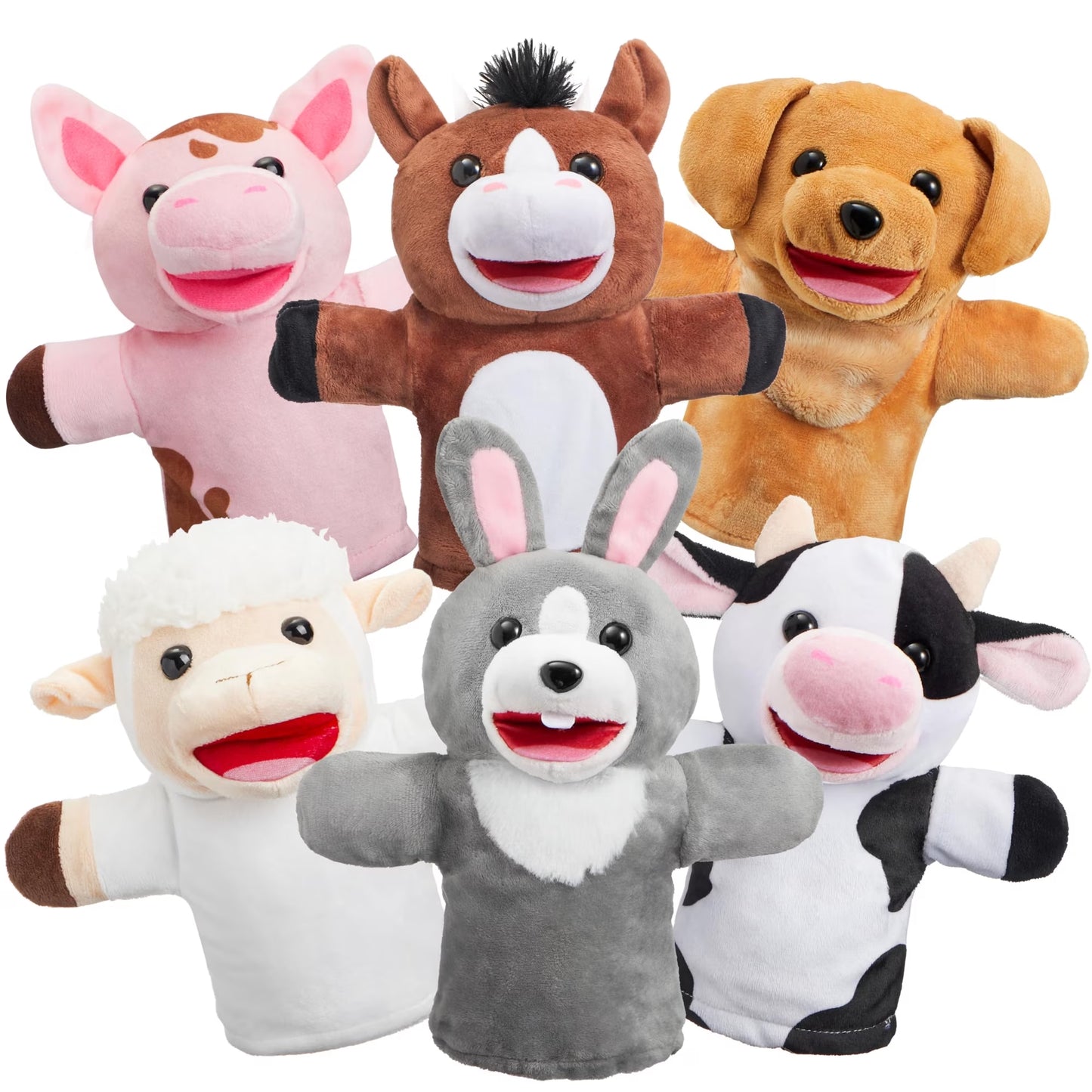 Joyfy 6Pcs Kids Hand Puppet Set with Working Mouth, Toddler Plush Toy Includes Pig, Sheep, Dairy Cow, Dog, Goat, and Horse for Show Theater