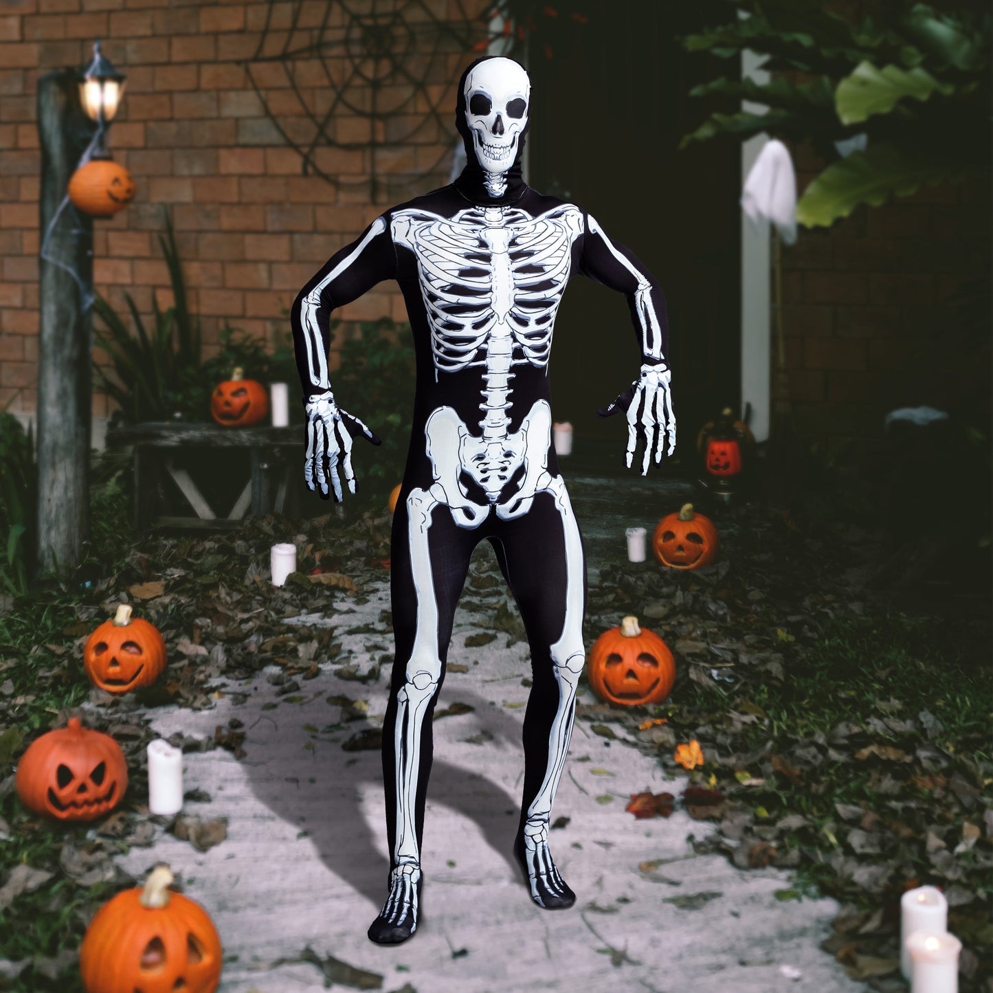 Joyfy Skeleton Costume for Adult, Skeleton Bone Bodysuit Halloween Costumes for Men Fancy Dress up