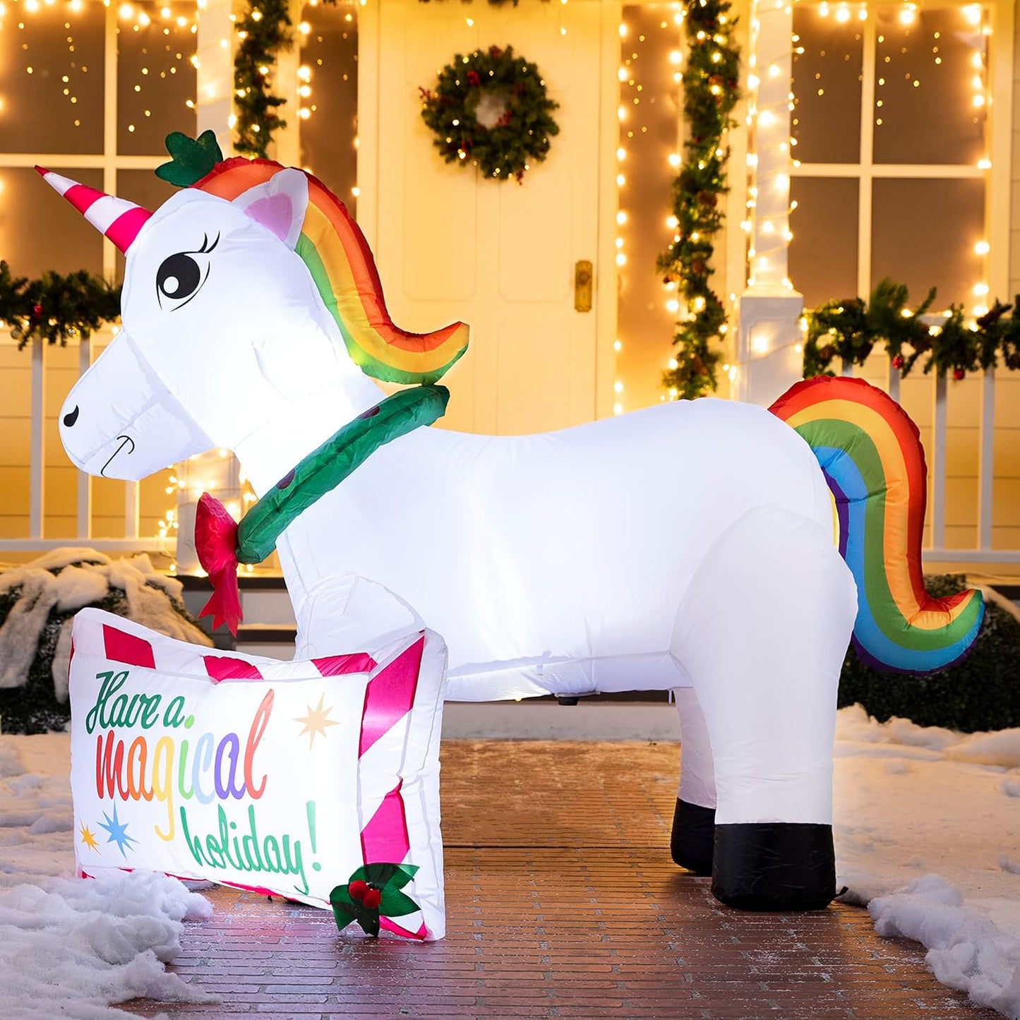 Joyfy 6 ft Christmas Inflatables Magical Unicorn Outdoor Decorations,Christmas Unicorn Blow Ups Yard with Built-in LEDs for Holiday Party Garden Lawn Decor