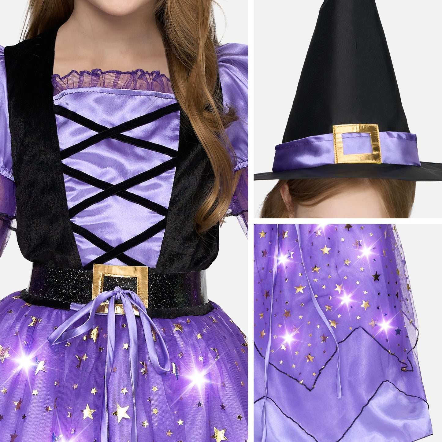 Syncfun Light Up Witch Costume Set for Girls, Starry Witch Dress with Broom Belt Hat for Kids and Toddlers, Perfect for Halloween Party Dress-Up Cosplay (5-12 Years)