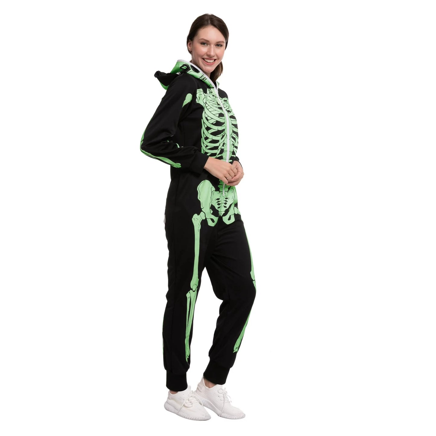Spooktacular Creations Skeleton Glow Hoodie for Adult, Jumpsuit Pajama Jumpsuit for Halloween Costume for Women, Themed Party Dress UP, L