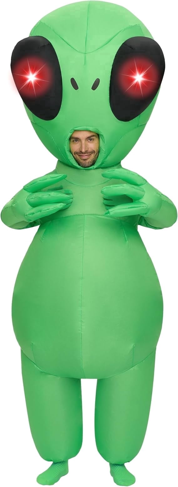 Joyfy Adults Halloween Inflatable Costumes with Light Up Eyes, Scary Alien Blow Up Costumes for Men, Full Body Green Inflatable Suit with Gloves for Cosplay Alien Themed Parties