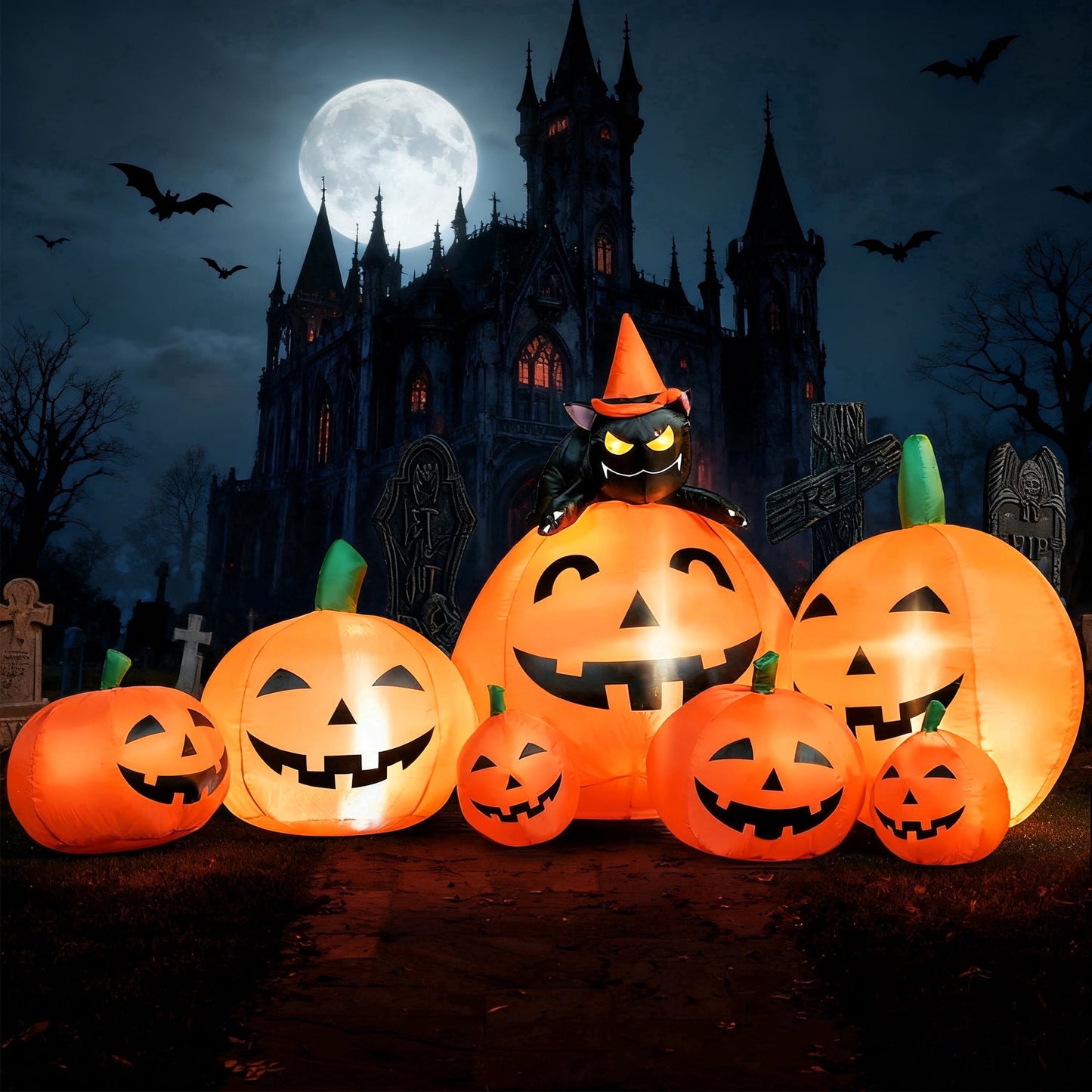 Joyfy 7 ft Halloween Inflatable Long Pumpkin with Witchs Cat Decorations Inflatables with Build-in LEDs,Halloween Decor Outdoor Blow Up Yard Decorations