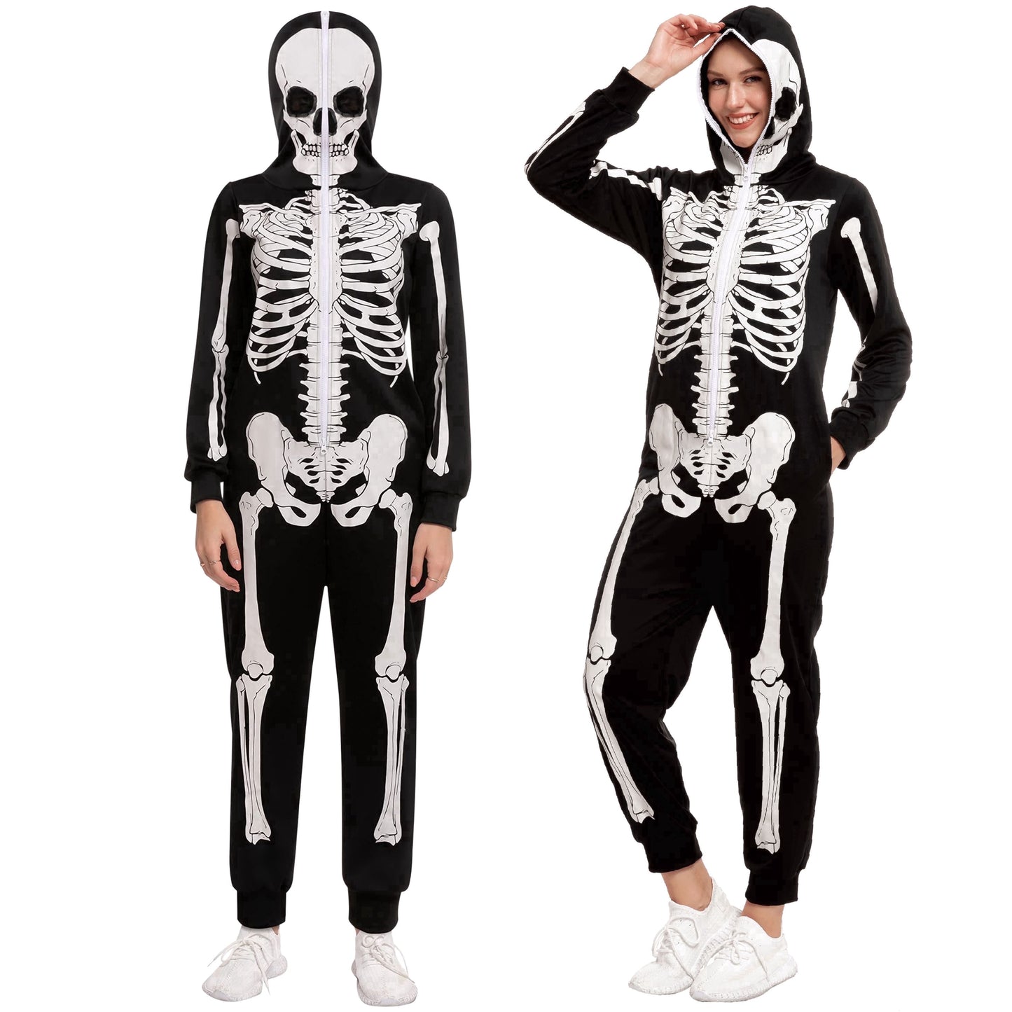 Joyfy Skeleton Costume for Women, Skeleton Halloween Costume Zip-Up Hooded Jumpsuit Pajama for Party, Cosplay and Themed Dress Up