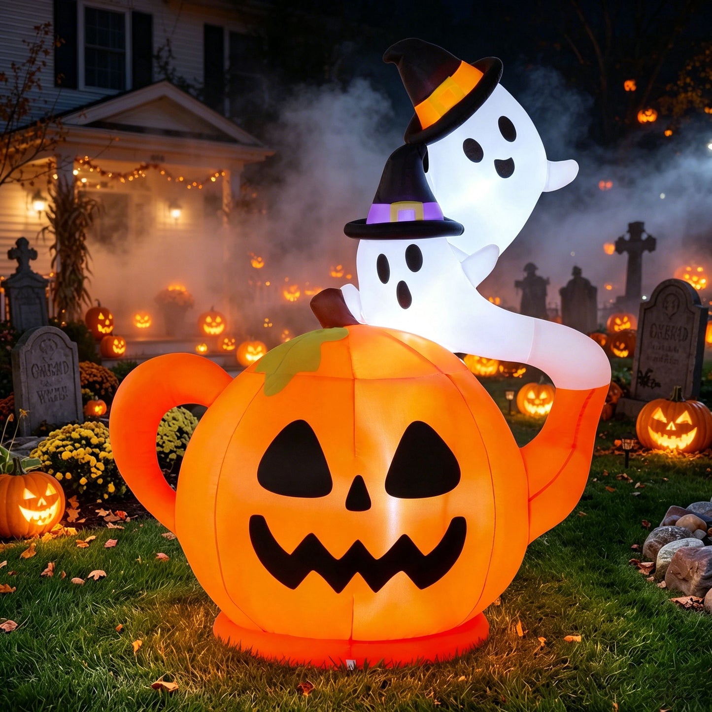 Joyfy 5 Ft Halloween Inflatable Pumpkin Teapot with Ghost,Lighted Blow Up Teapot with Witch & Ghosts,Outdoor Yard Decoration for Garden,Lawn,Party