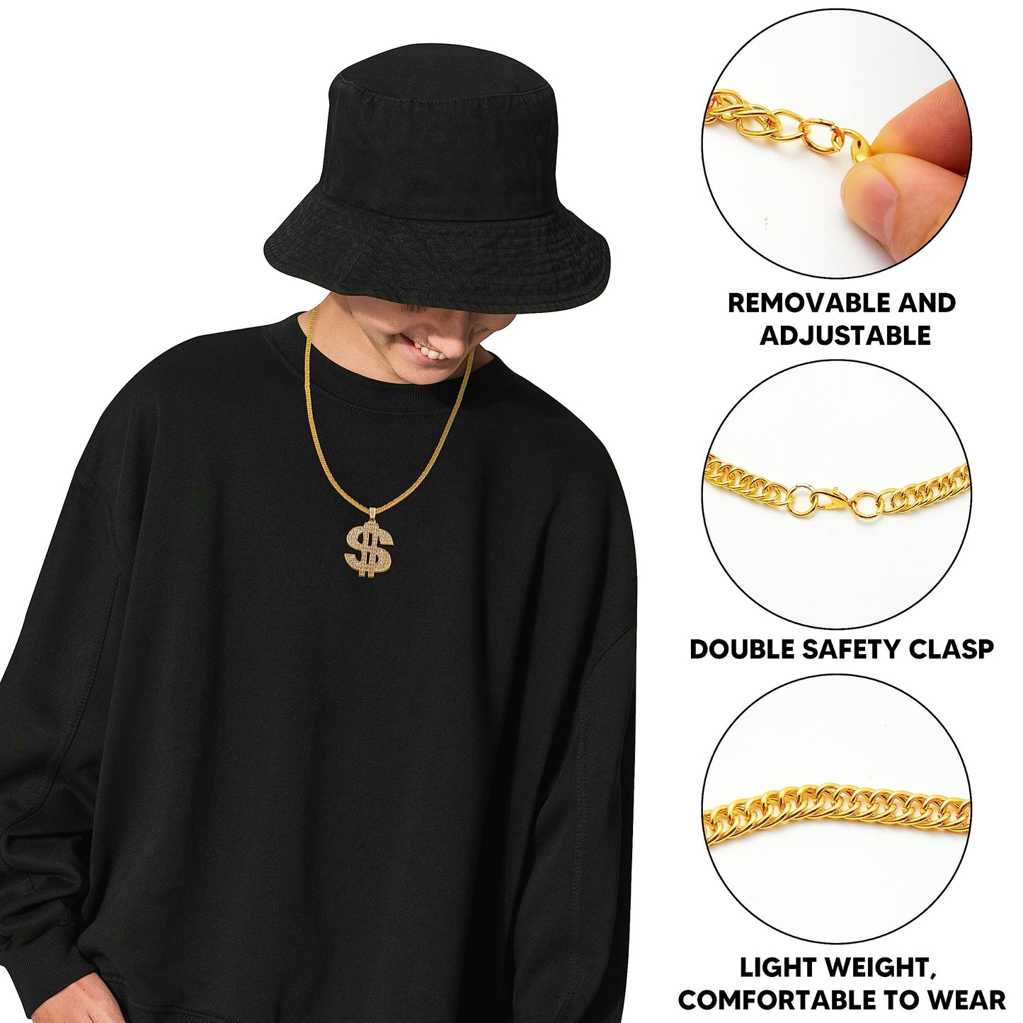 SYNCFUN Halloween Necklace Gold Dollar Chain,Plastic Chunky Fake Mens Women Chain,80s 90s Hip Hop Gold Jewlery Outfits Accessory,Halloween Props Costume