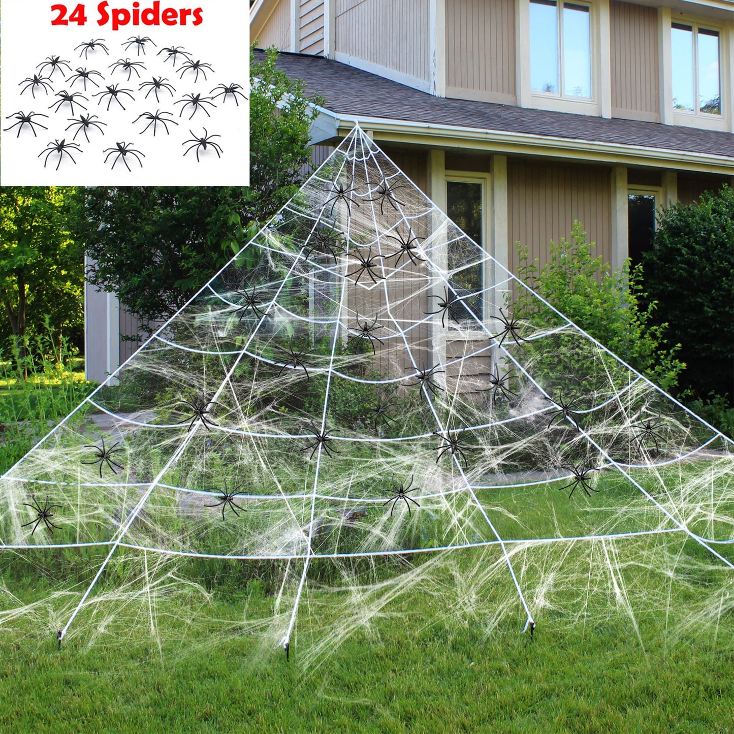 JOYIN Halloween Huge Triangular White Spider Web with 24 Spiders and 120g Super Stretch Cobweb Outdoor Decorations for Outdoor Halloween Decor Yard
