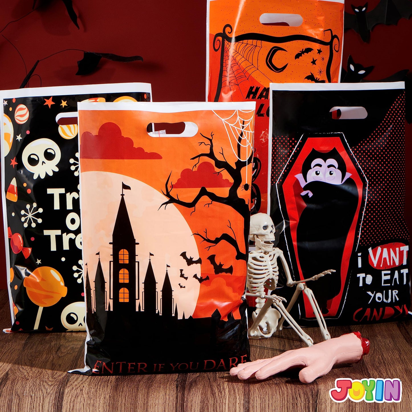 SYNCFUN 72 Pcs Halloween Treat Bags Goodie Bags Plastic Halloween Candy Bags Trick or Treat Creepy Designs Halloween Bags for Kids Trick or Treat,Classroom Goody Bags