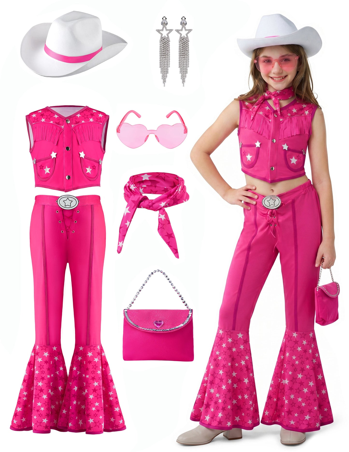 Joyfy Pink Cowgirl Costume for Girls, Kids 70s 80s Hippie Disco Outfits for Halloween Dress Up Cosplay Party